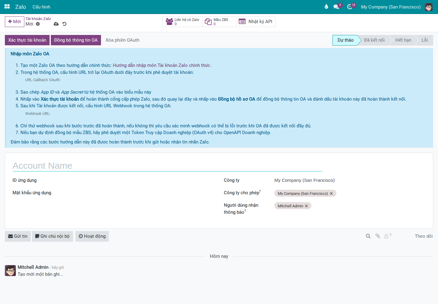New Zalo Account form with onboarding guidance block and required fields