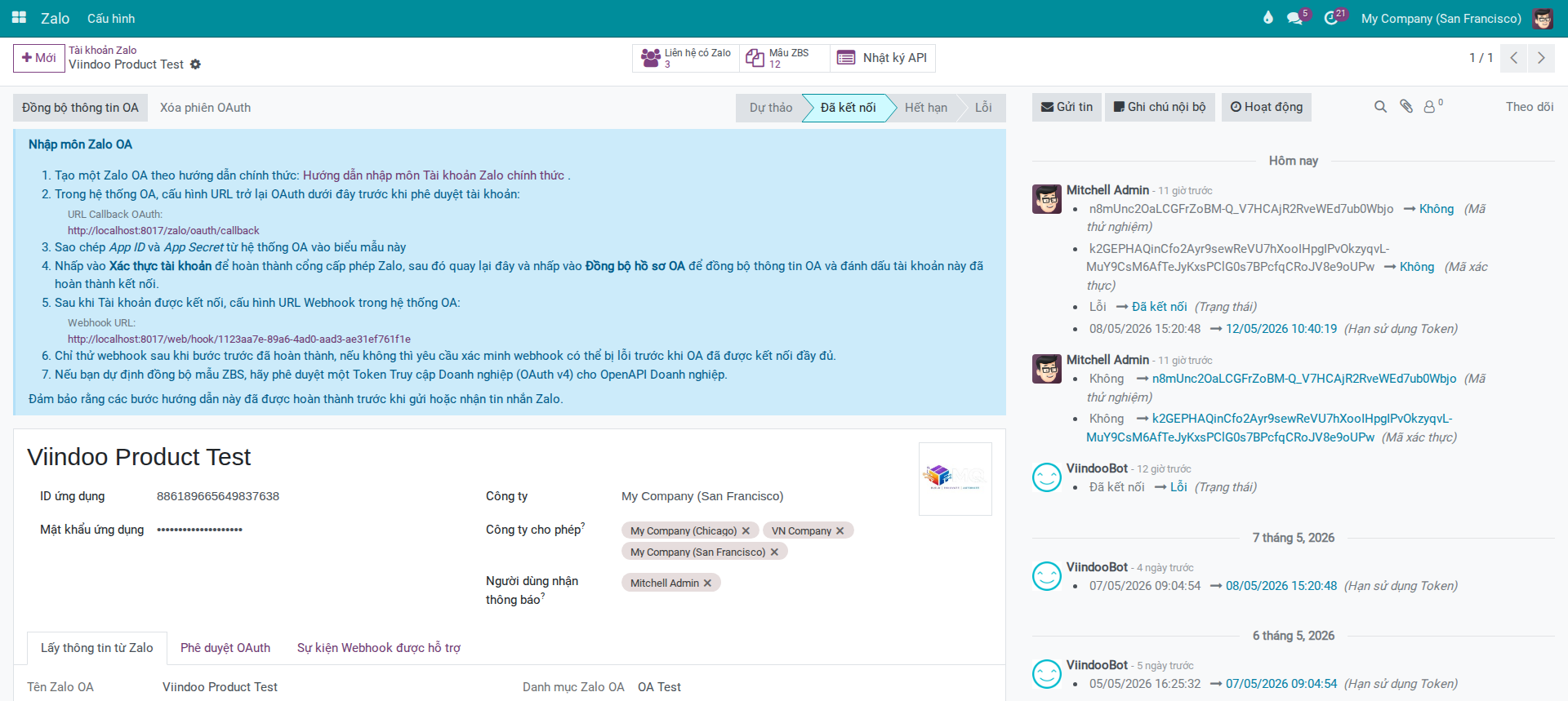 Success checkpoint — Connected status, complete OA profile in Profile Get From Zalo tab, Sync OA Profile and Zalo Partners buttons ready