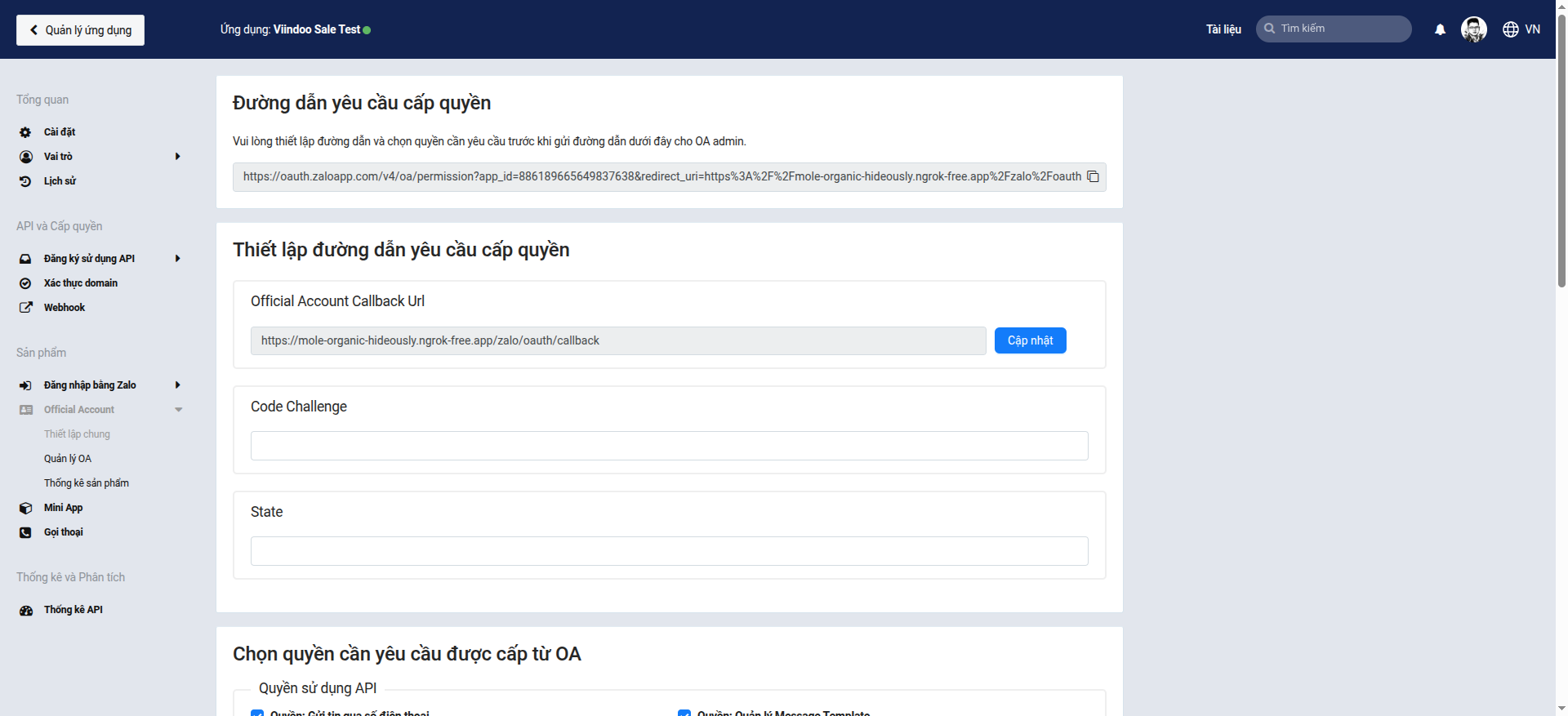 Zalo OA Console showing Official Account section with Callback URL field to update redirect URI from Viindoo
