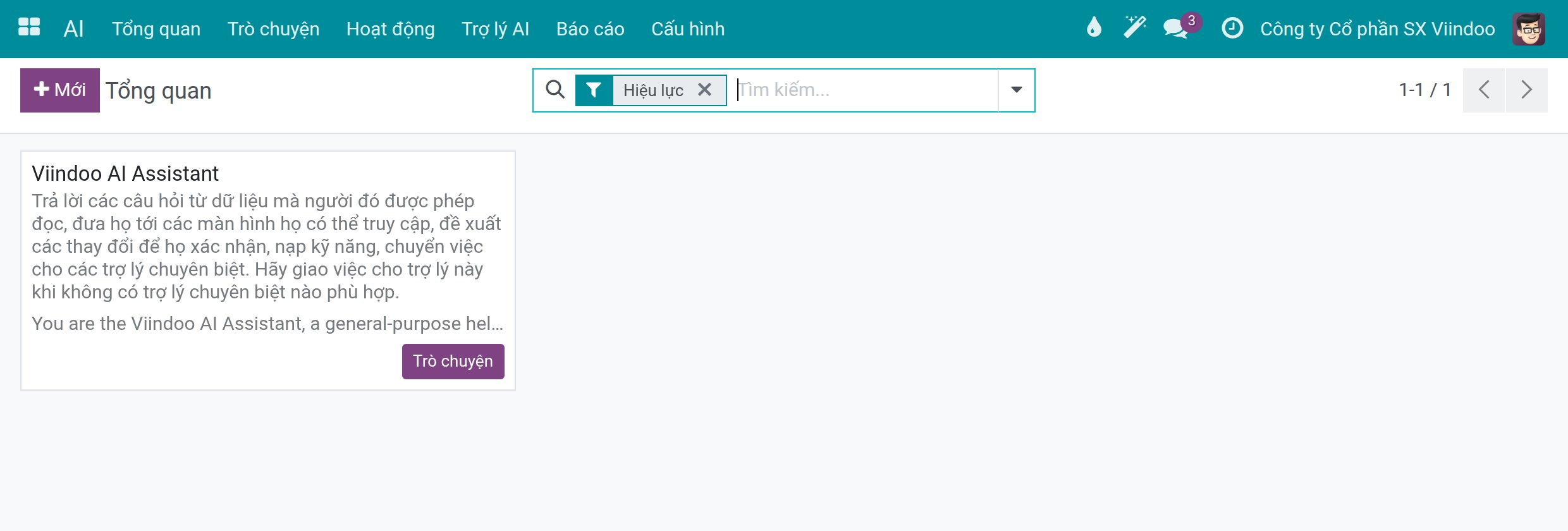 Tổng quan của ứng dụng AI với thẻ Viindoo AI Assistant và nút Trò chuyện
