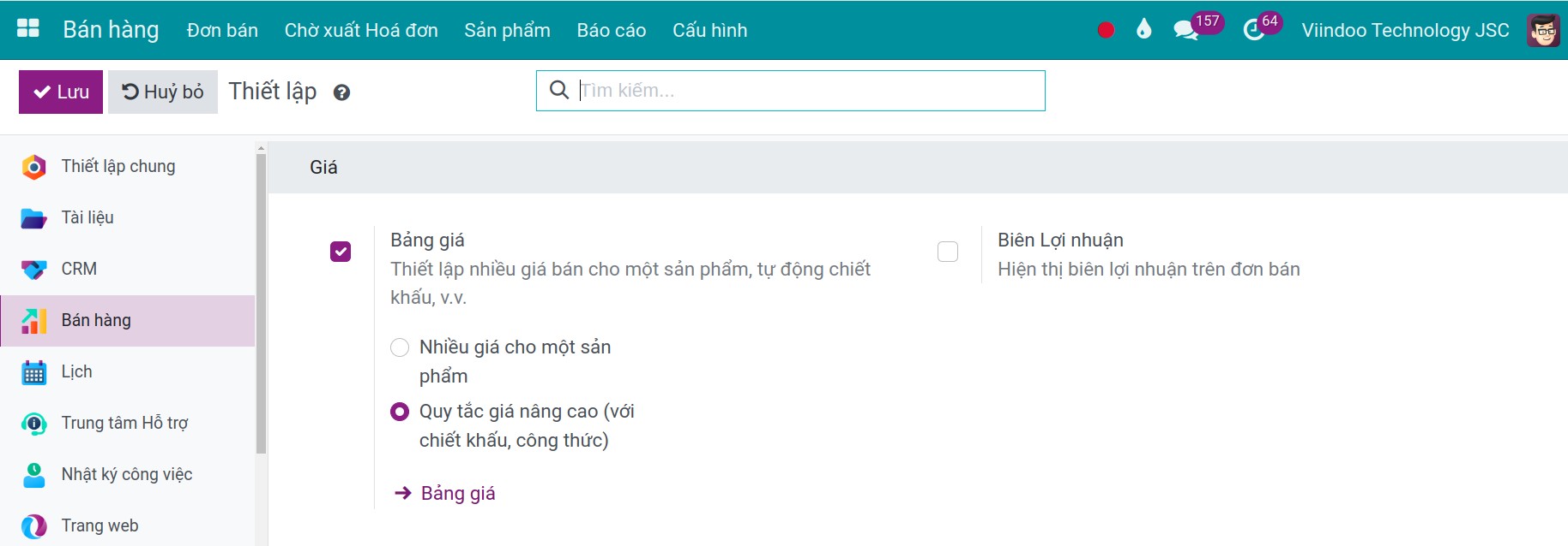Cài đặt tính năng bảng giá trên Viindoo