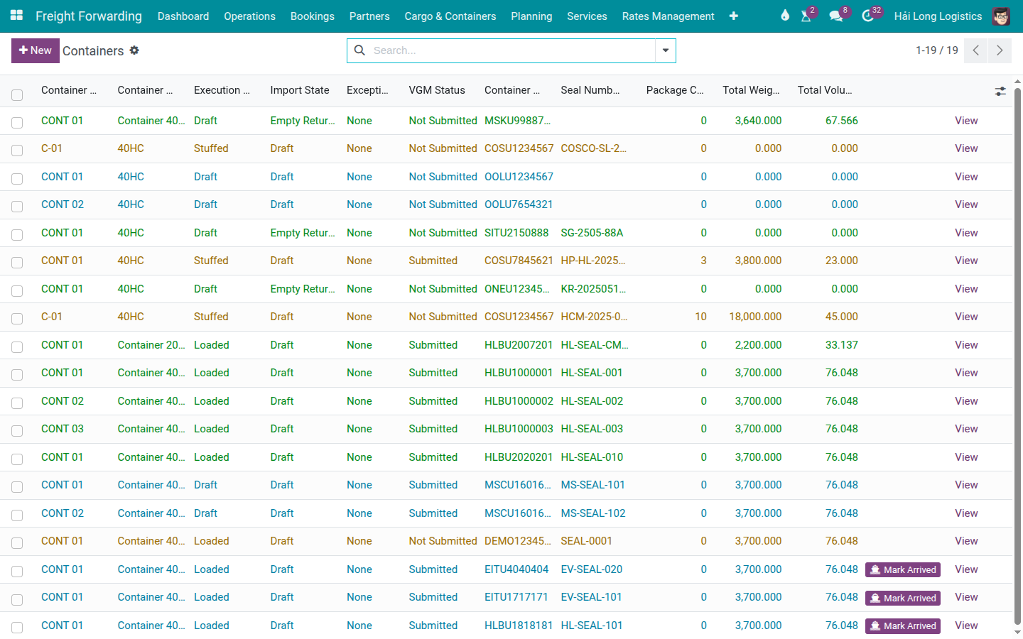 Containers list showing container COSU1234567 in Stuffed state with VGM Status Not Submitted.