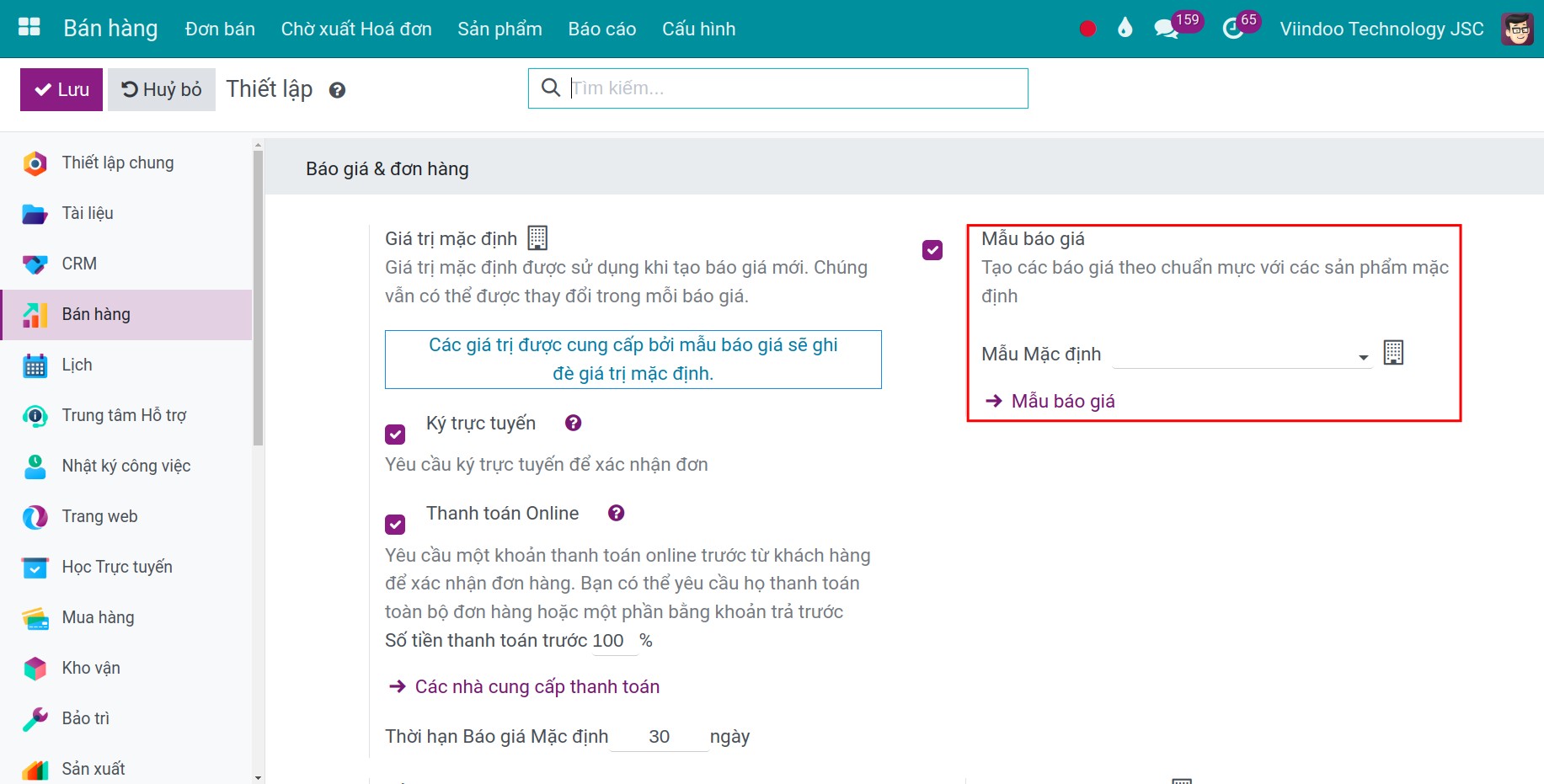 Kích hoạt mẫu báo giá - Viindoo