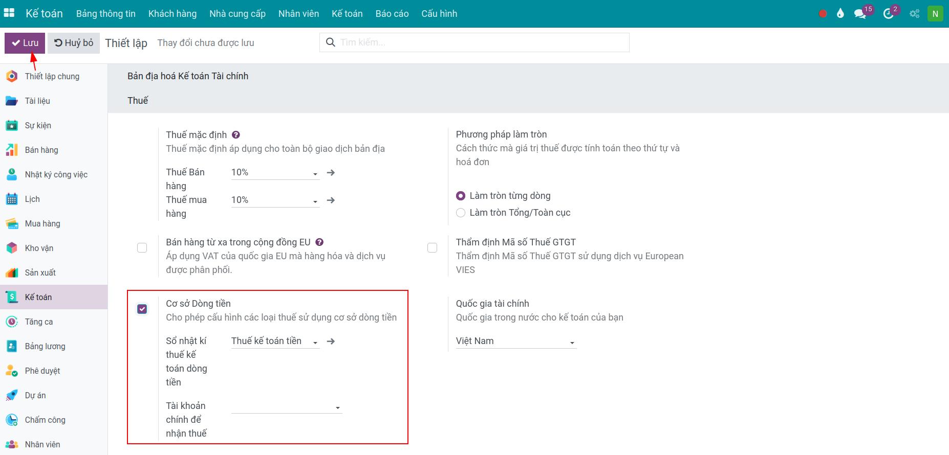 Kích hoạt tính năng Cơ sở dòng tiền