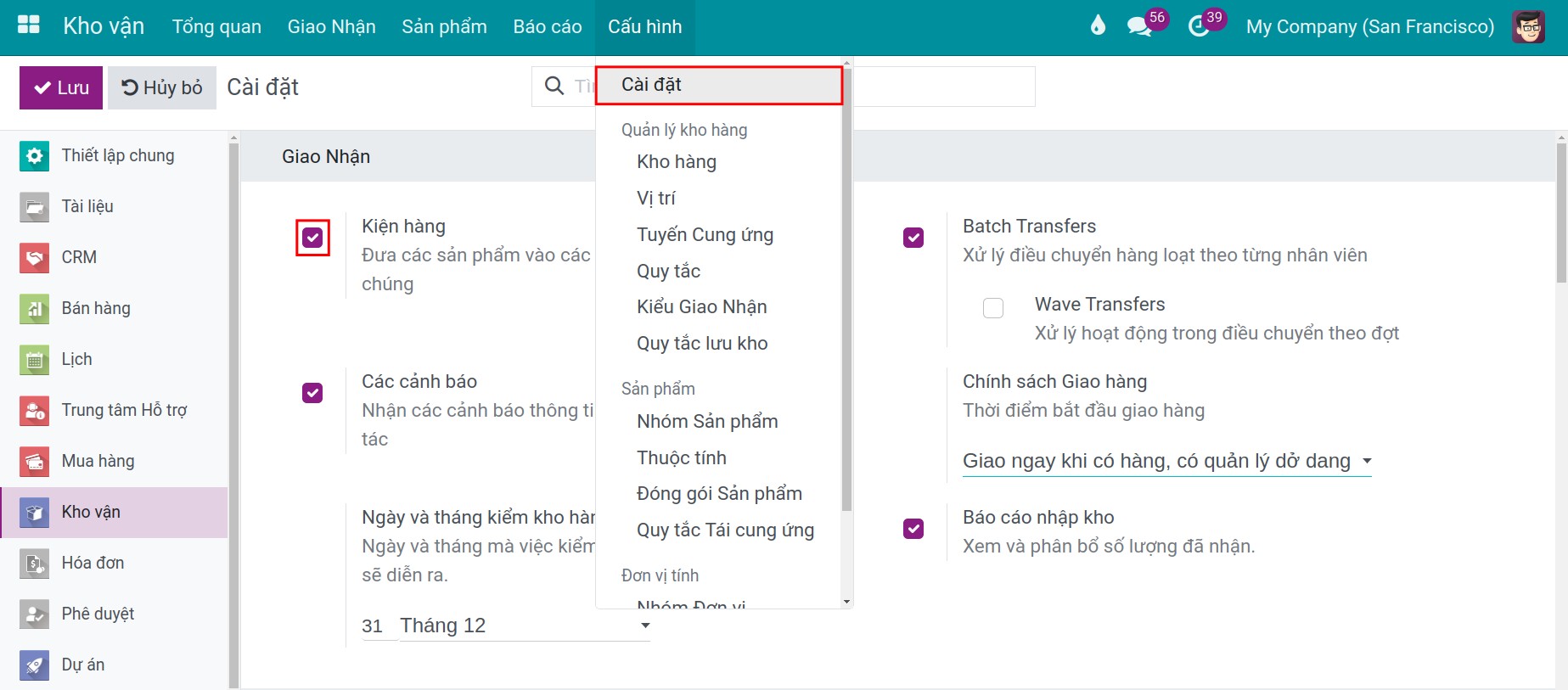 Kích hoạt tính năng gói hàng trong Phần mềm Quản lý kho của Viindoo