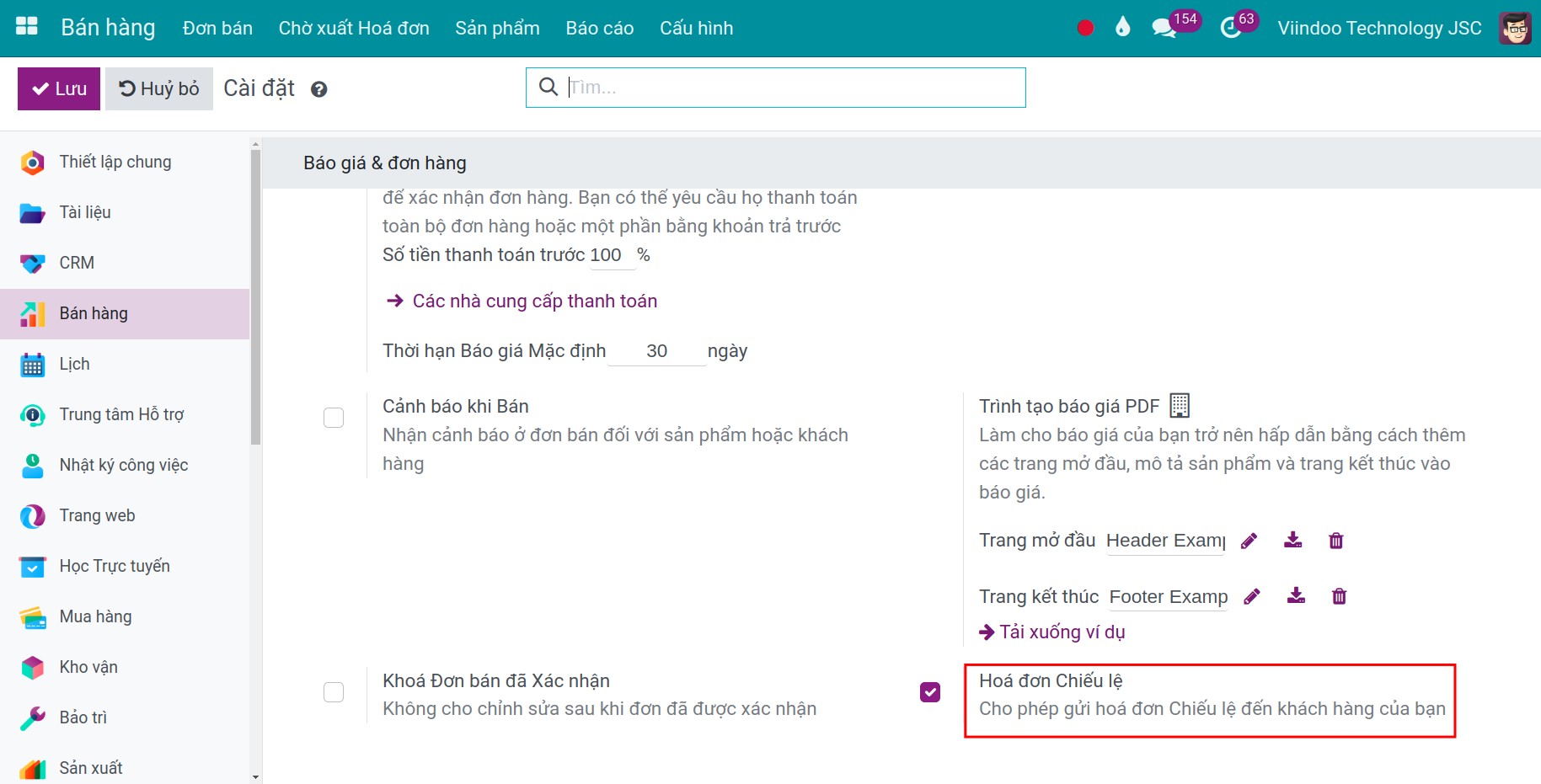 Kích hoạt tính năng hóa đơn chiếu lệ - Viindoo