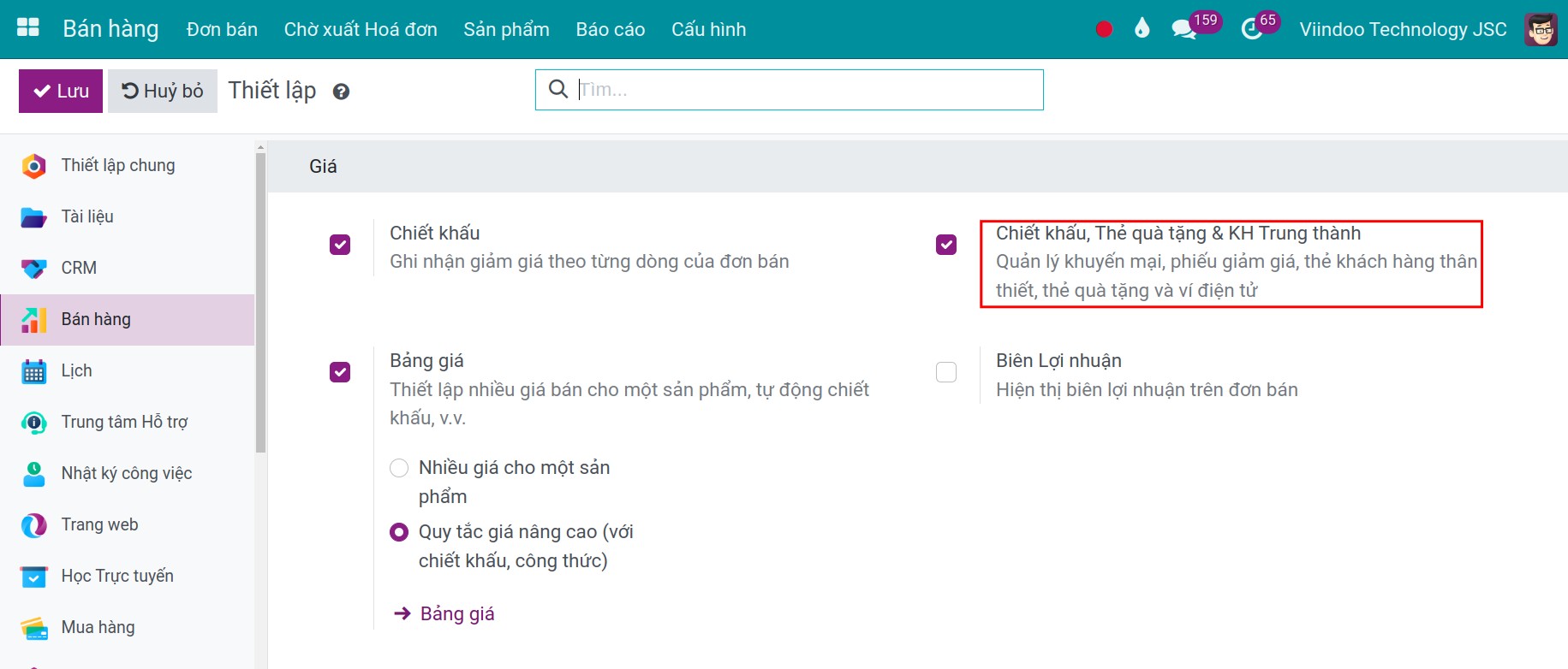 Kích hoạt tính năng Chương trình khuyến mãi trong Viindoo