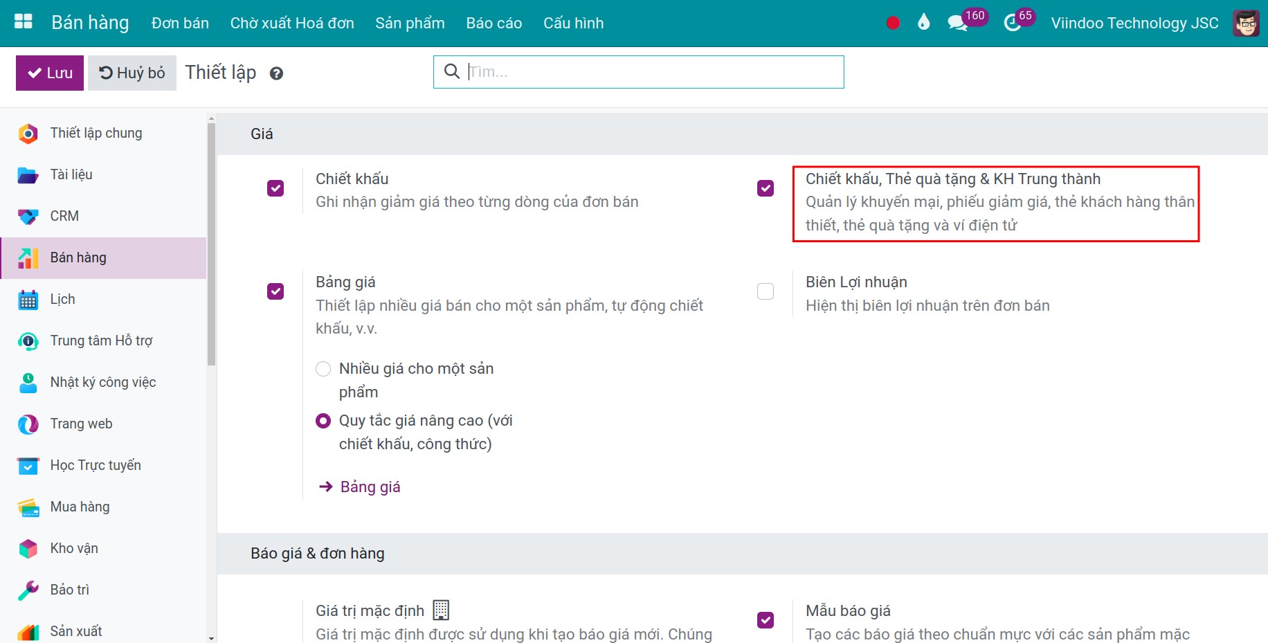 Kích hoạt tính năng thẻ quà tặng và ví điện tử trong phần mềm Viindoo
