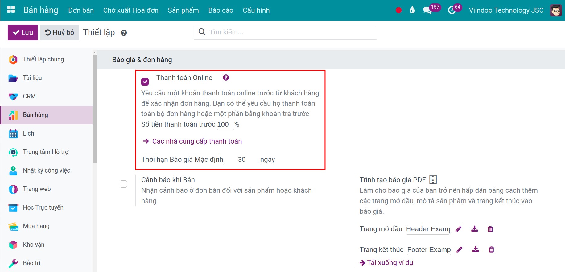 Kích hoạt tính năng thanh toán trực tuyến Online Payment- Viindoo.
