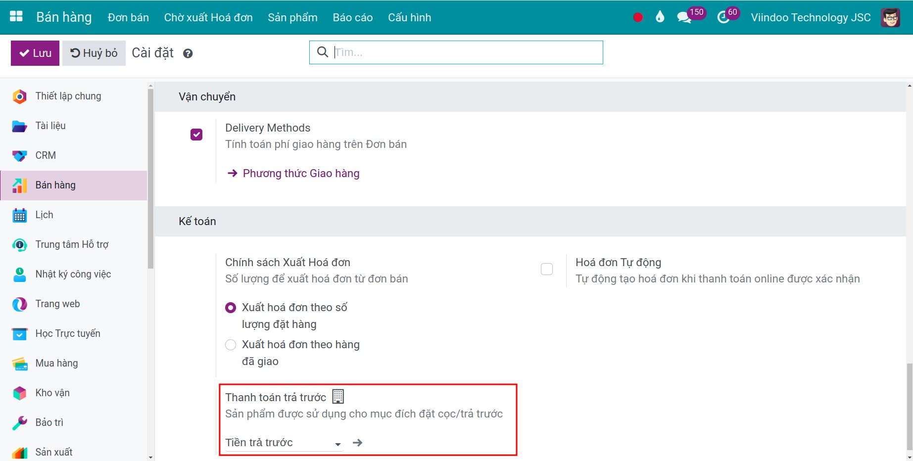 Thiết lập sản phẩm mặc định Tiền trả trước - Viindoo