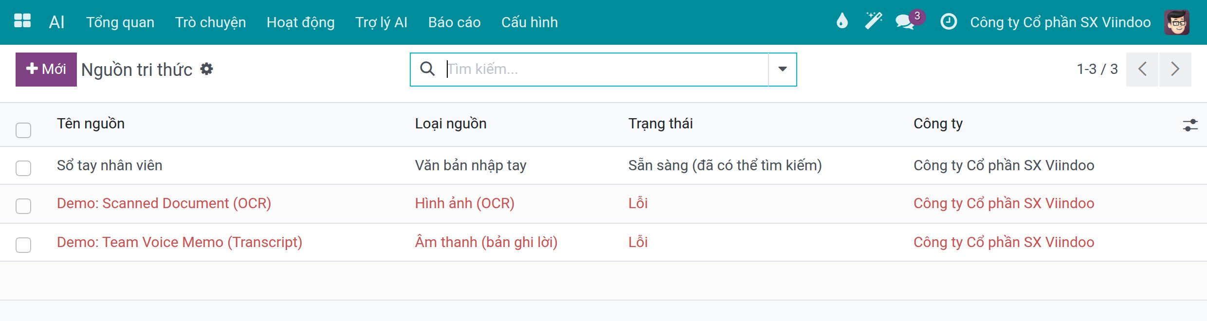 Danh sách nguồn tri thức với một nguồn sẵn sàng và hai nguồn đang lỗi
