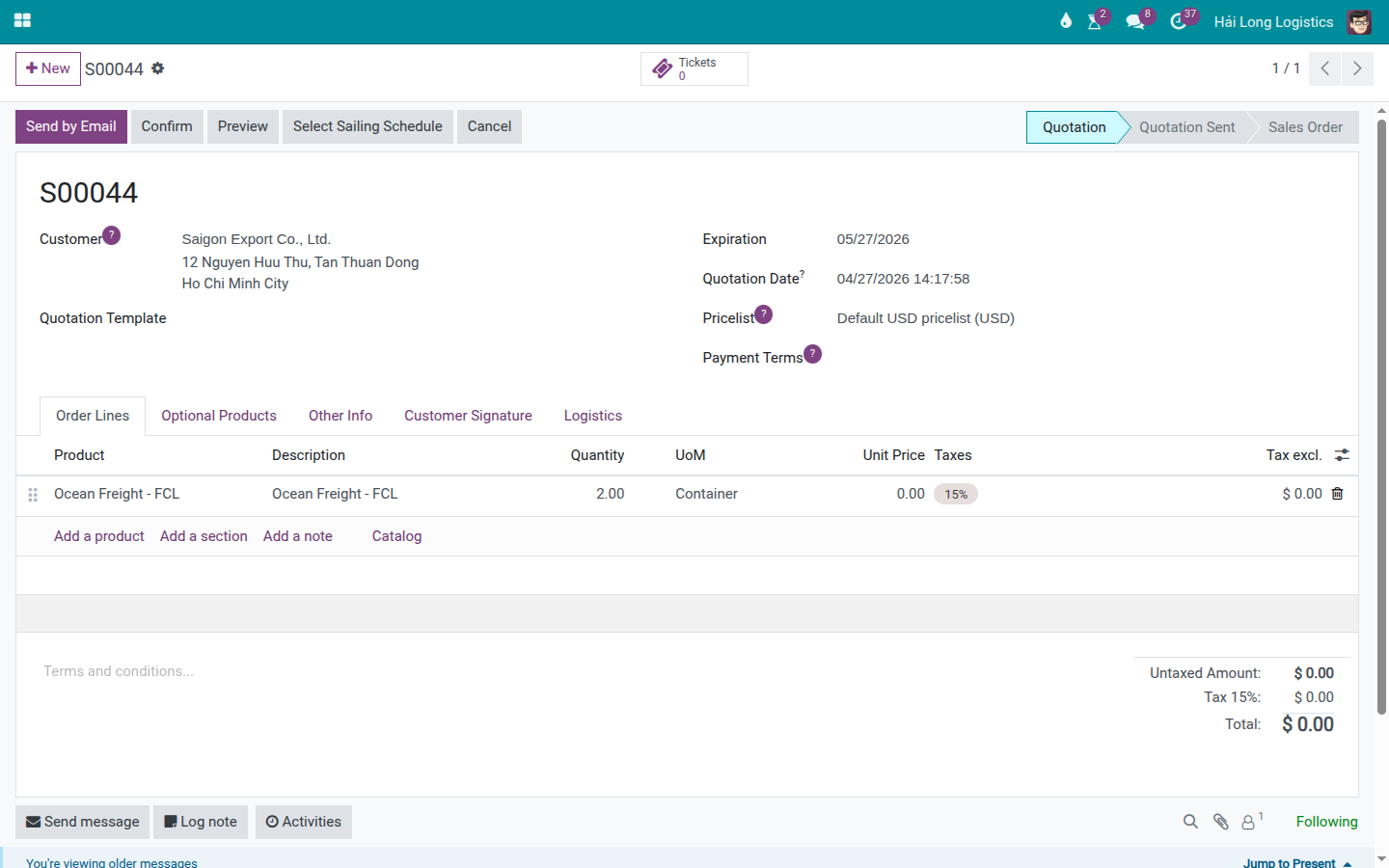 Quotation for Viet Nam Textile JSC with an Ocean Freight FCL line and the Select Sailing Schedule button visible in the header.
