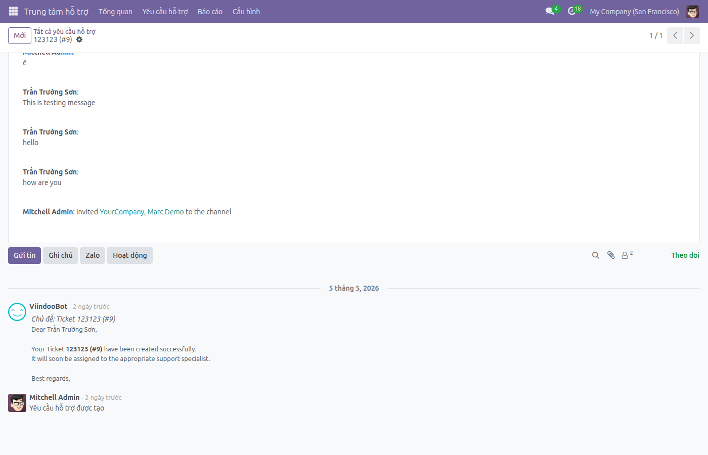 Form ticket Helpdesk với nút Zalo trong chatter, cạnh Gửi tin và Ghi chú