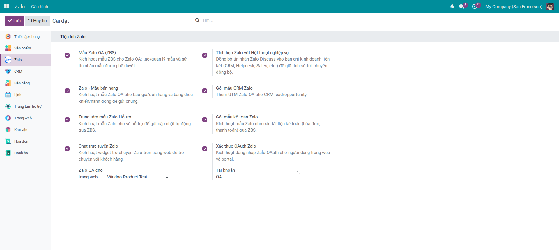 Màn hình Cài đặt Zalo — phần Tiện ích Zalo với mục Chat trực tuyến Zalo đã bật và trường Zalo OA cho trang web