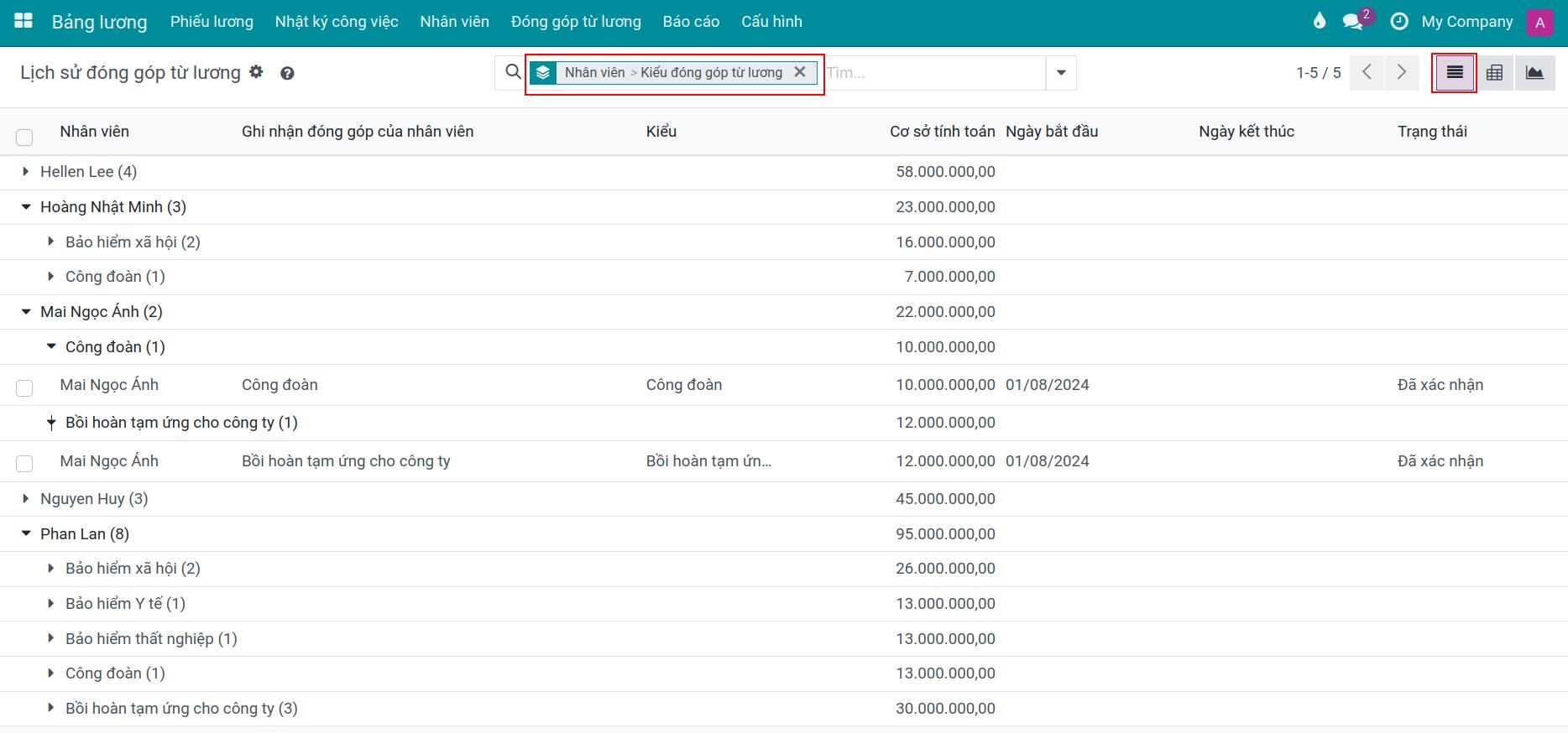 Báo cáo lịch sử đóng góp từ lương dạng danh sách - Kế toán lương Viindoo