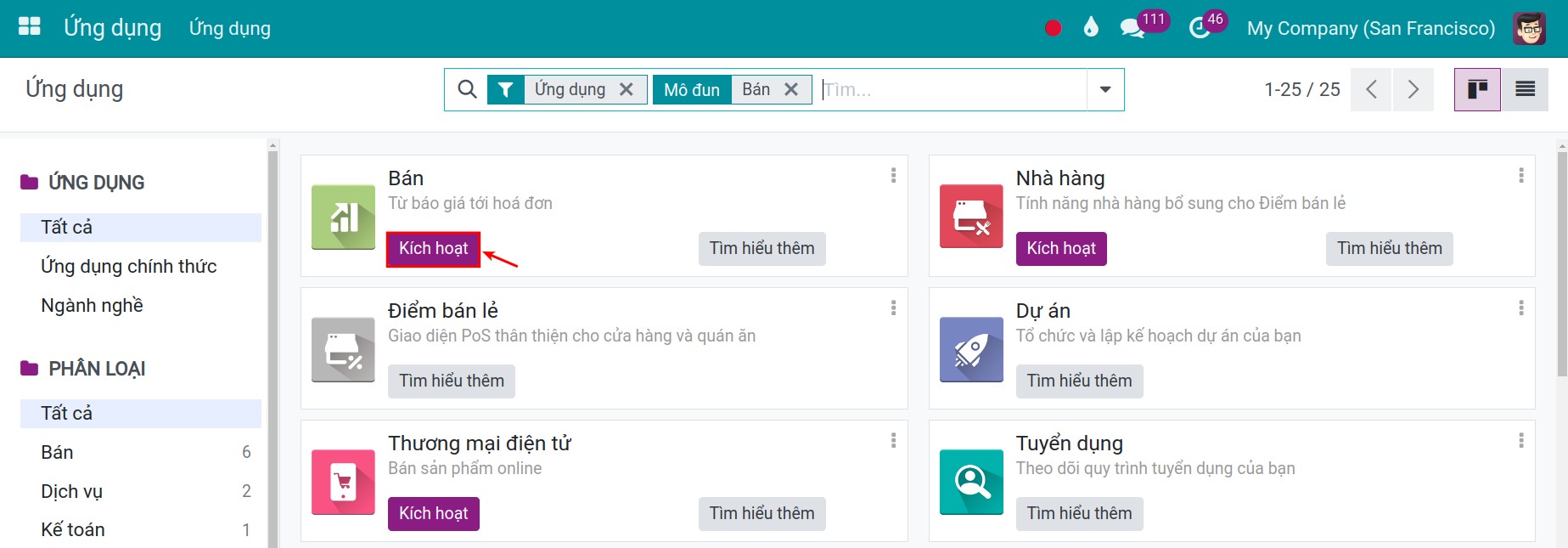 Cài đặt ứng dụng Bán hàng - Viindoo