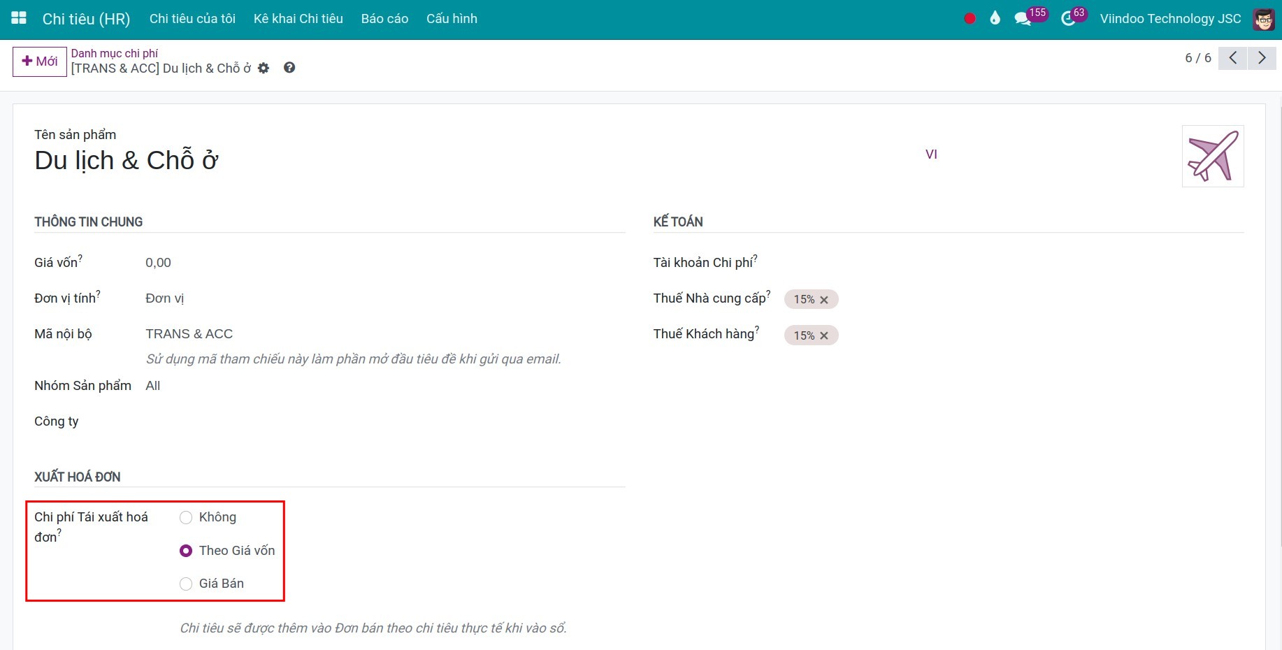 Cấu hình sản phẩm chi phí.