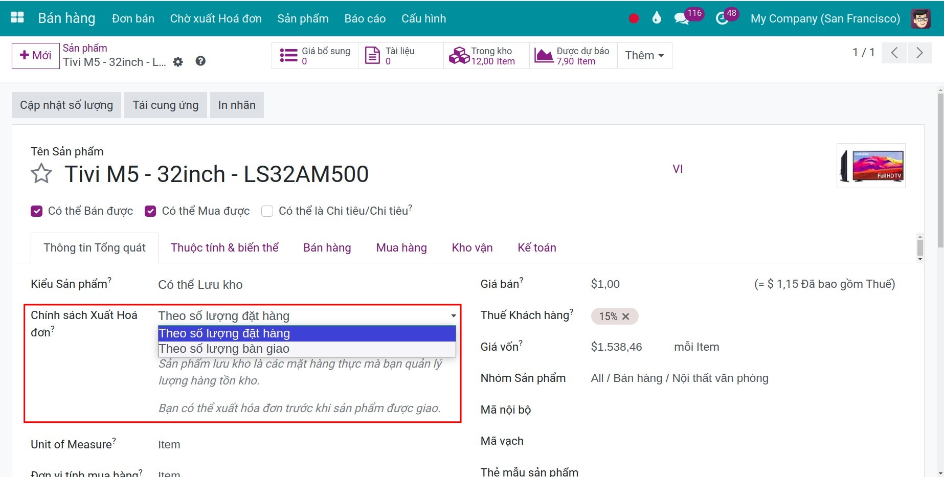 Chọn chính sách lập hóa đơn Invoice Viindoo