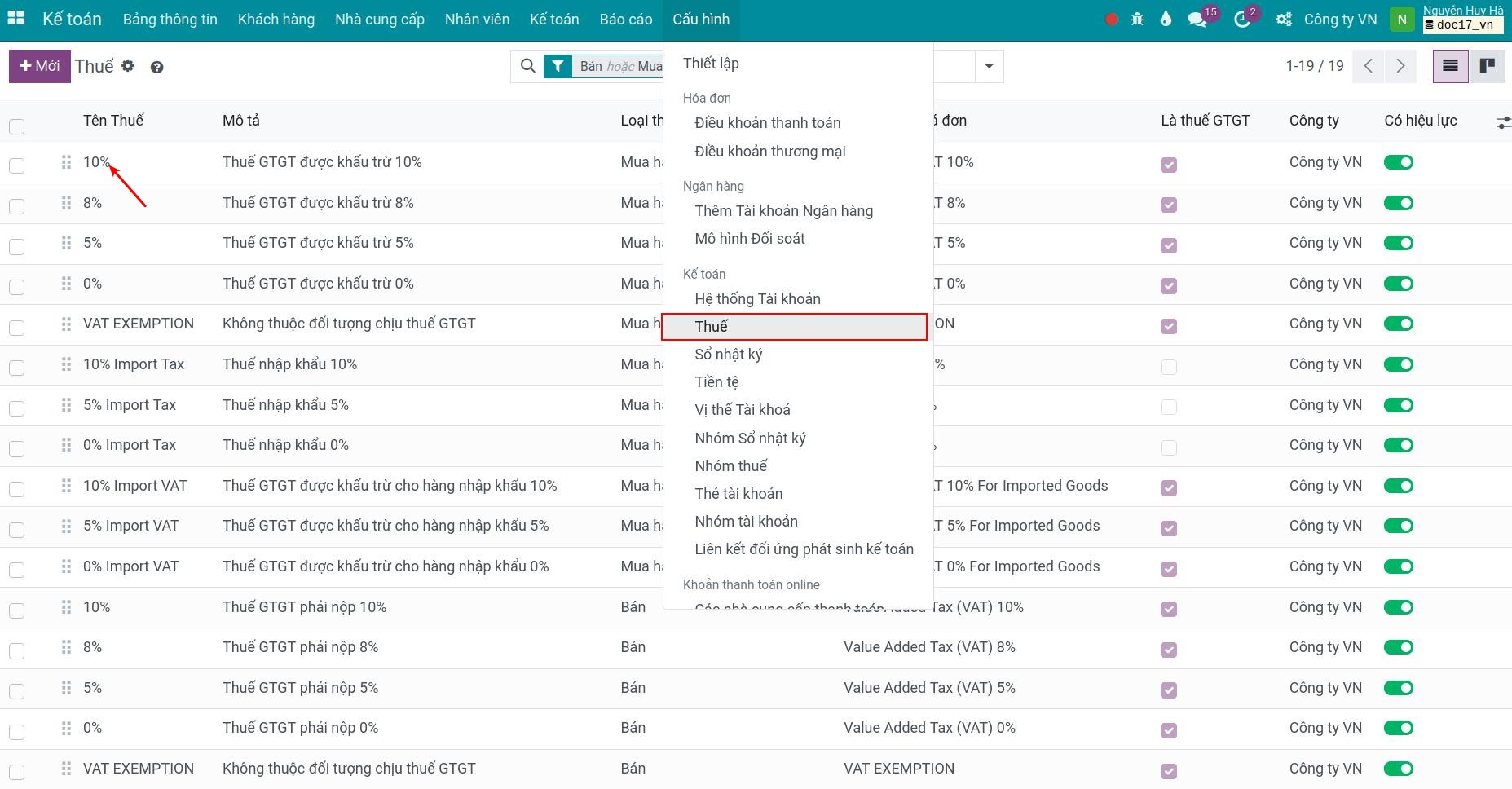 Chọn thuế cần điều chỉnh thiết lập