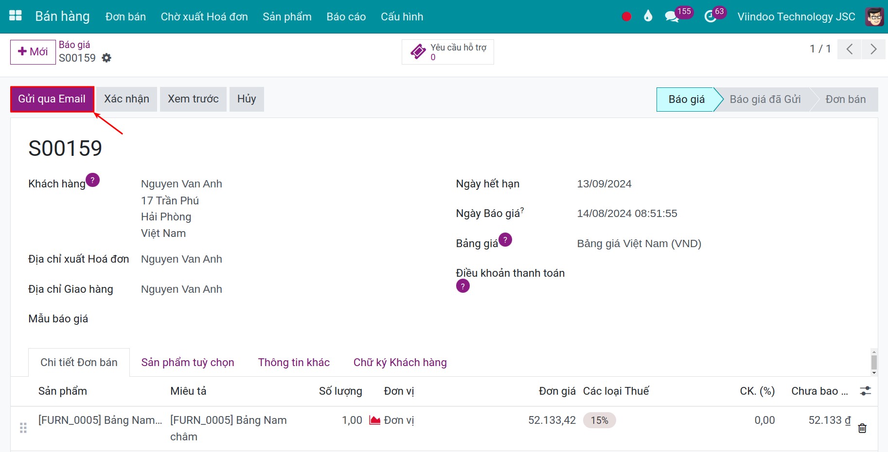 Gửi email báo giá khách hàng - Viindoo