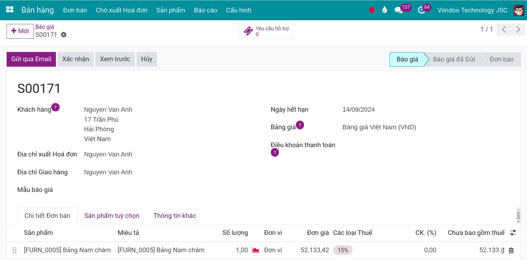 Gửi email báo giá Online Payment - Viindoo.