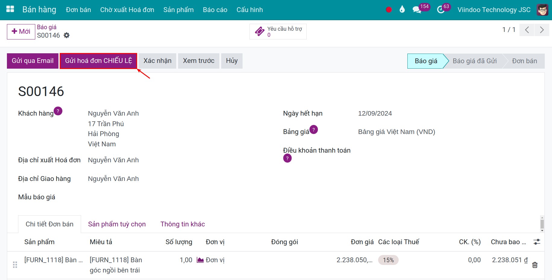 Gửi hóa đơn chiếu lệ qua email - Viindoo