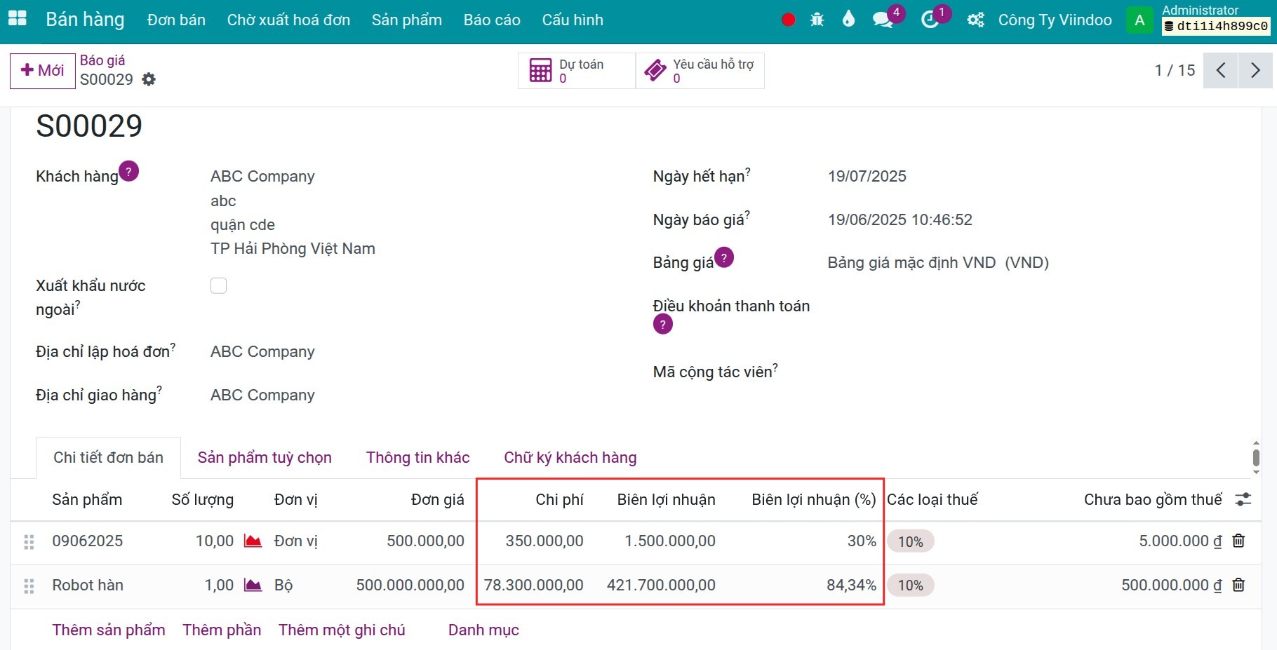 Margin on sale order lines