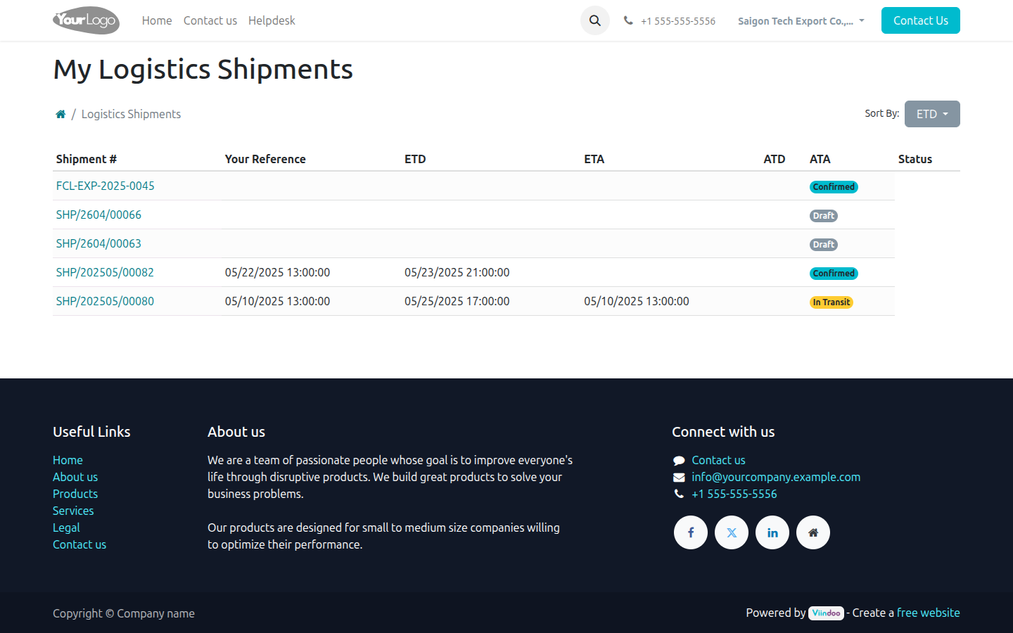 My Logistics Shipments portal list for Saigon Tech Export, showing shipment records with status columns.