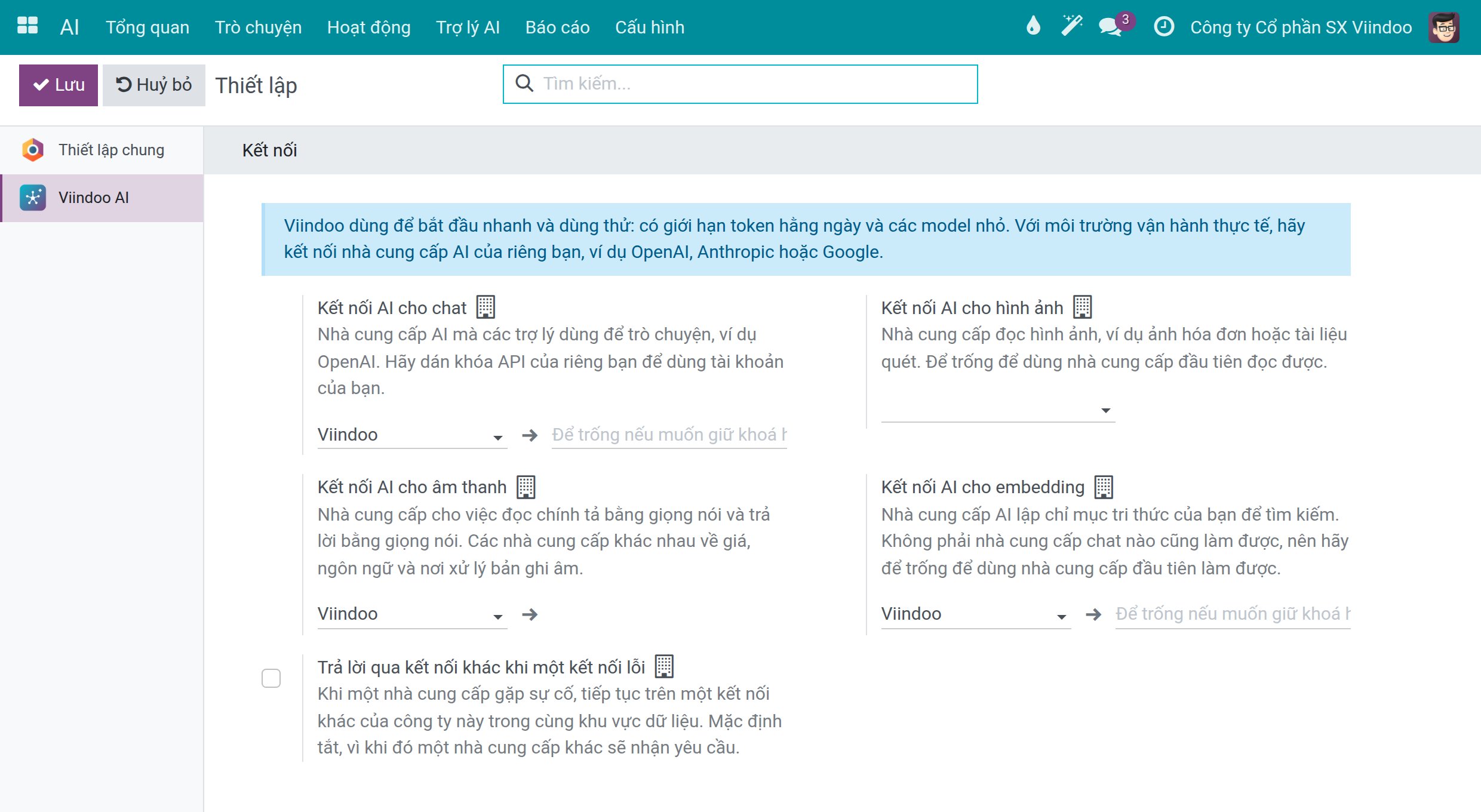 Mục Kết nối trong thiết lập AI với Kết nối AI cho chat, hình ảnh, âm thanh, embedding và công tắc Trả lời qua kết nối khác khi một kết nối lỗi