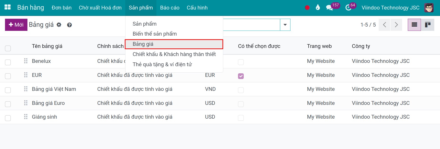 Tạo bảng giá mới trên Viindoo