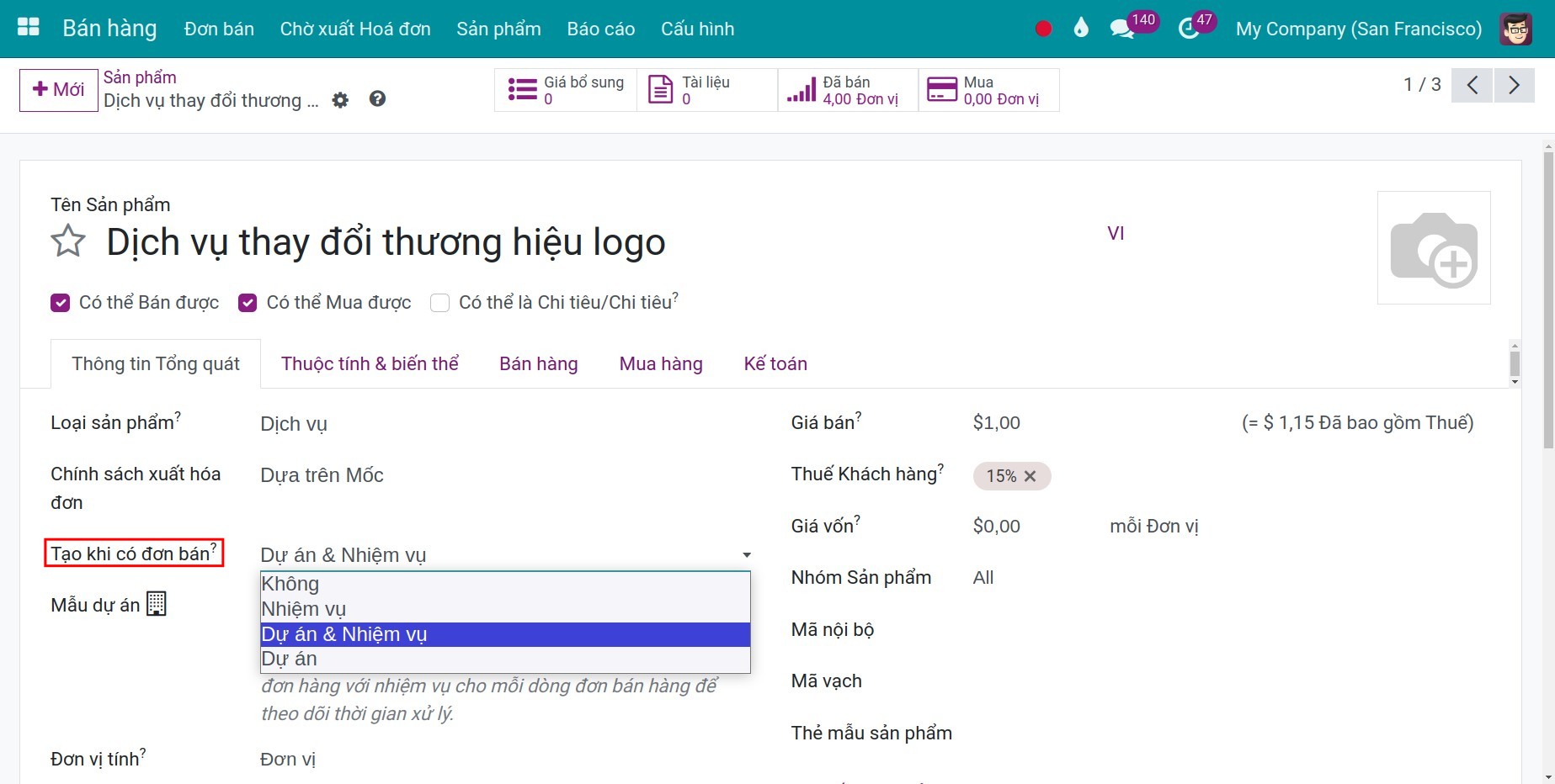 Tạo nhiệm vụ hoặc dự án khi có đơn bán chứa sản phẩm dựa trên mốc trong Viindoo