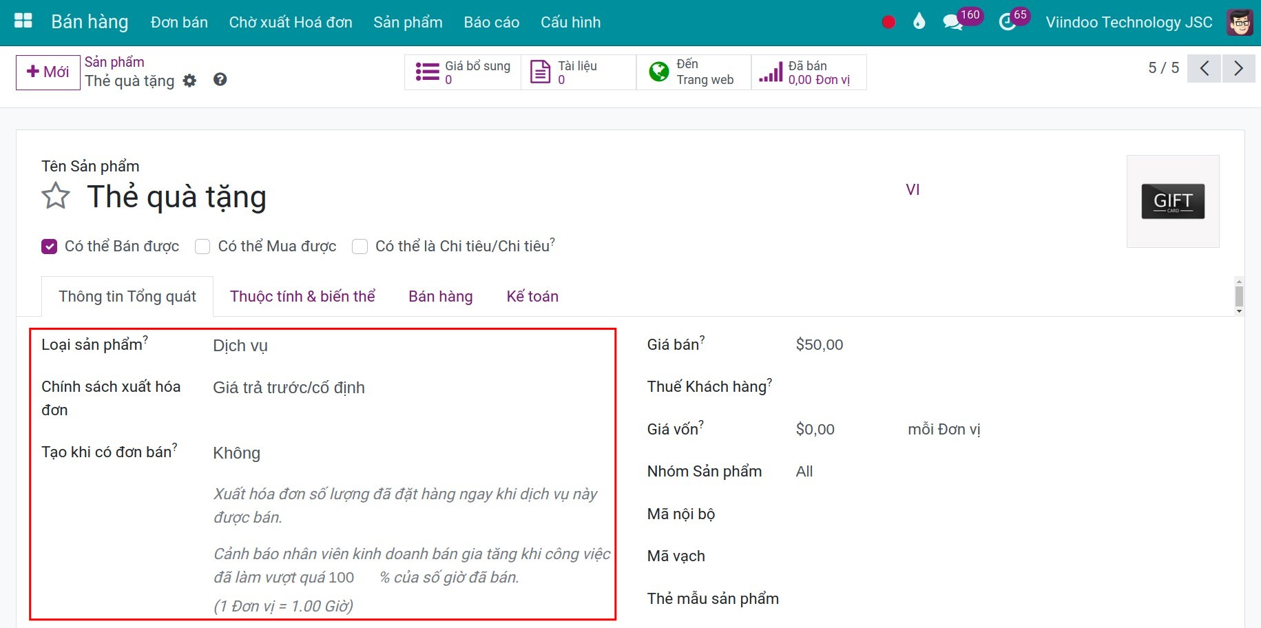 Tạo sản phẩm thẻ quà tặng trong Viindoo