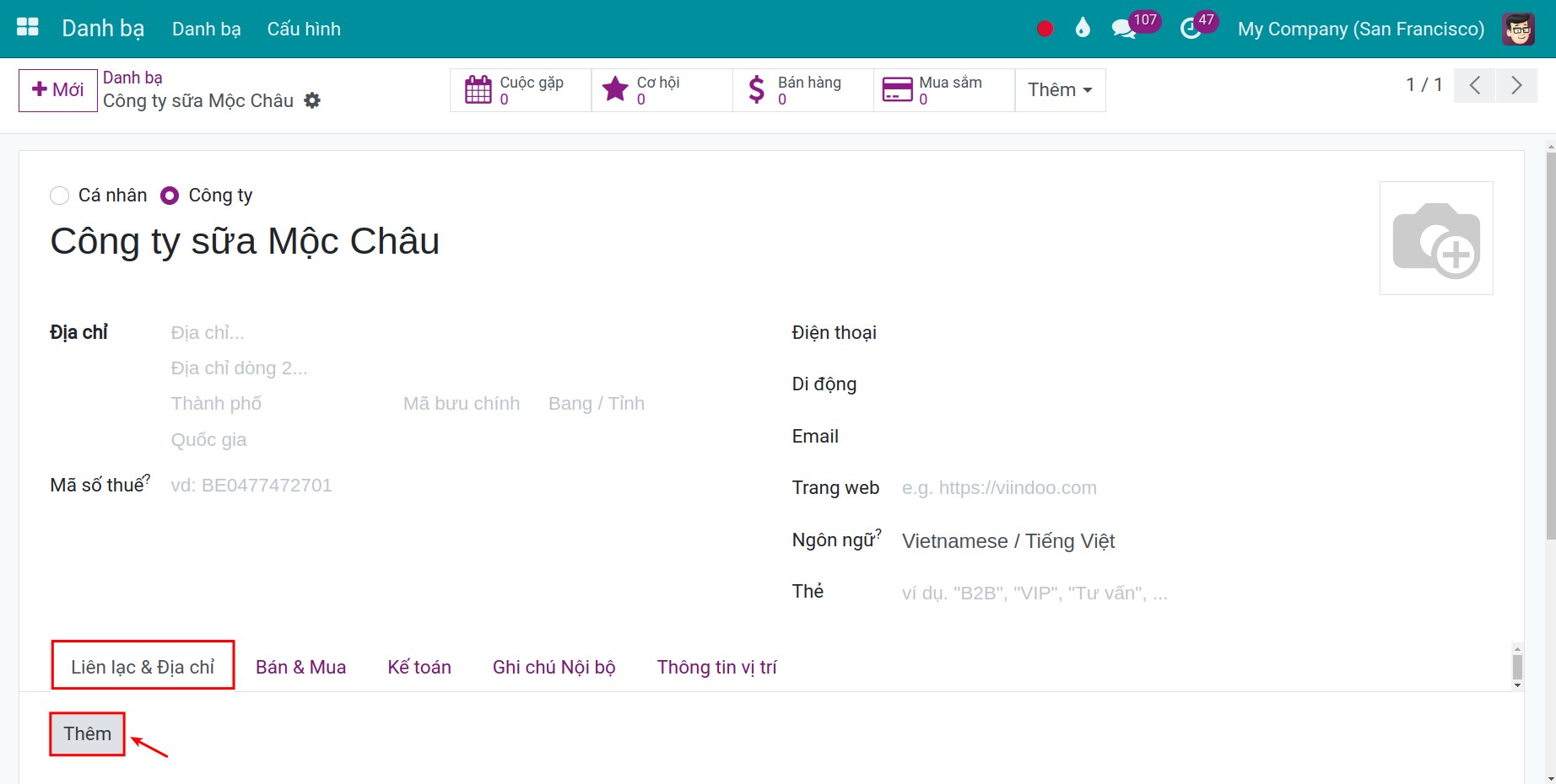 Thêm địa chỉ xuất hóa đơn và địa chỉ giao hàng Contacts Viindoo