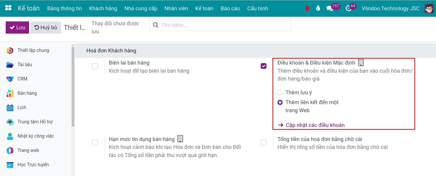 Thêm liên kết đến điều kiện và điều khoản mặc định trên Viindoo