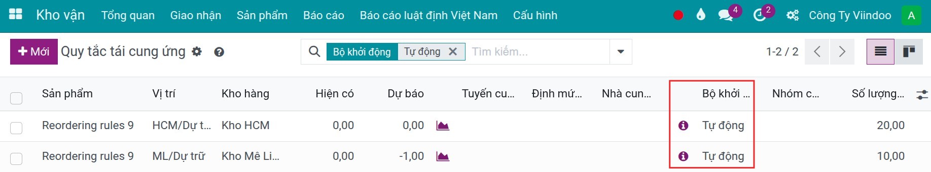 Auto reordering rule