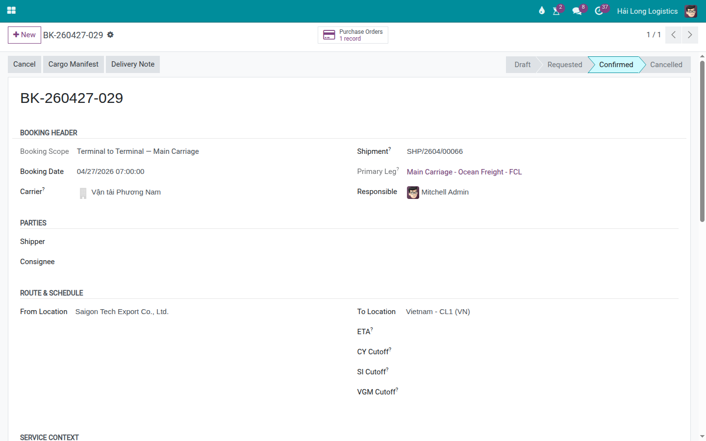 Trucking booking BK-260427-029 showing Purchase Orders smart button = 1, confirming the booking is linked to the vendor PO.