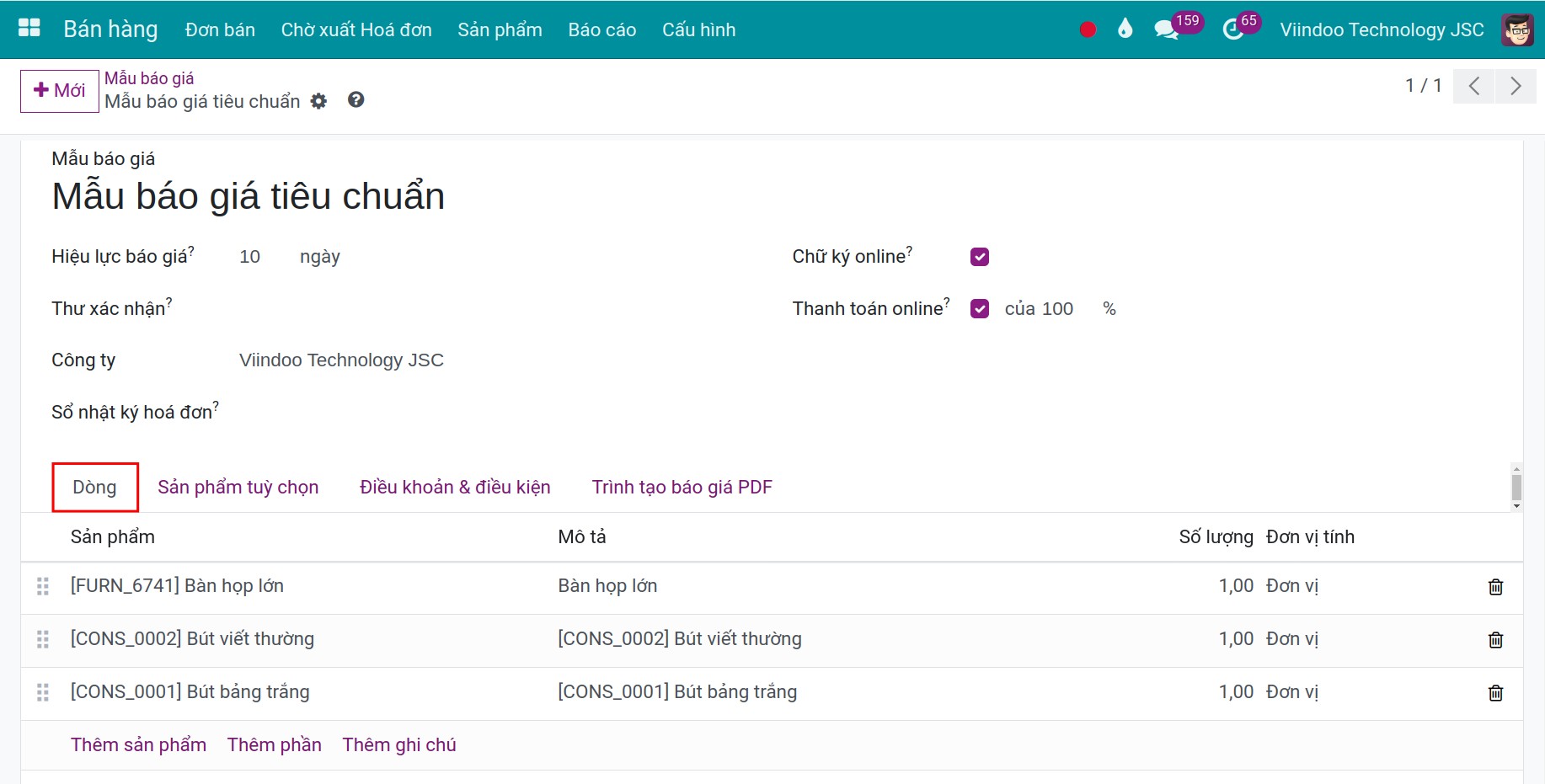 Chi tiết dòng mẫu báo giá - Viindoo