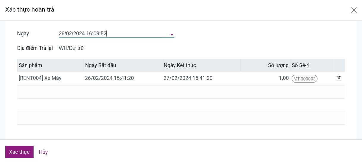 Chọn sản phẩm cho thuê được trả lại