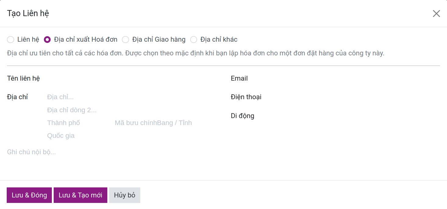 Điền thông tin địa chỉ xuất hóa đơn và đại chỉ giao hàng Contacts Viindoo