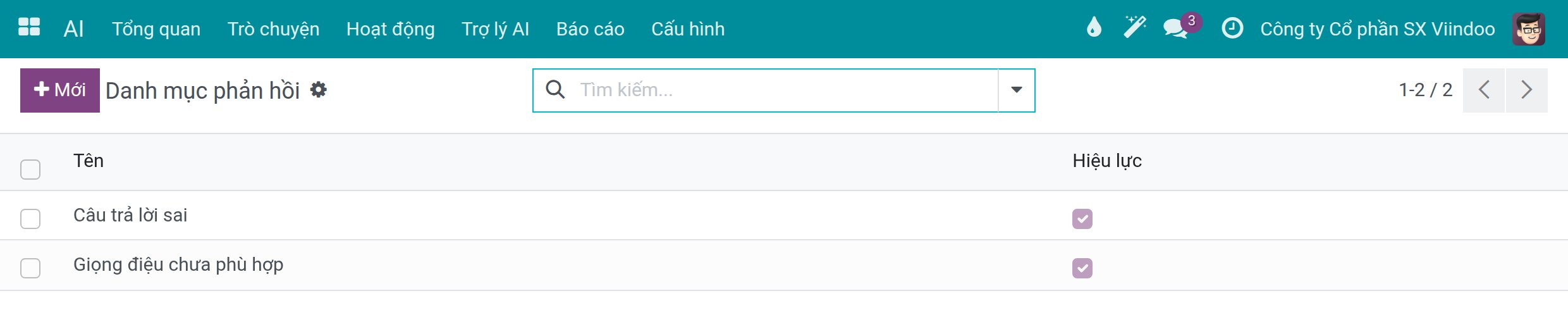 Danh sách danh mục phản hồi với cờ hiệu lực