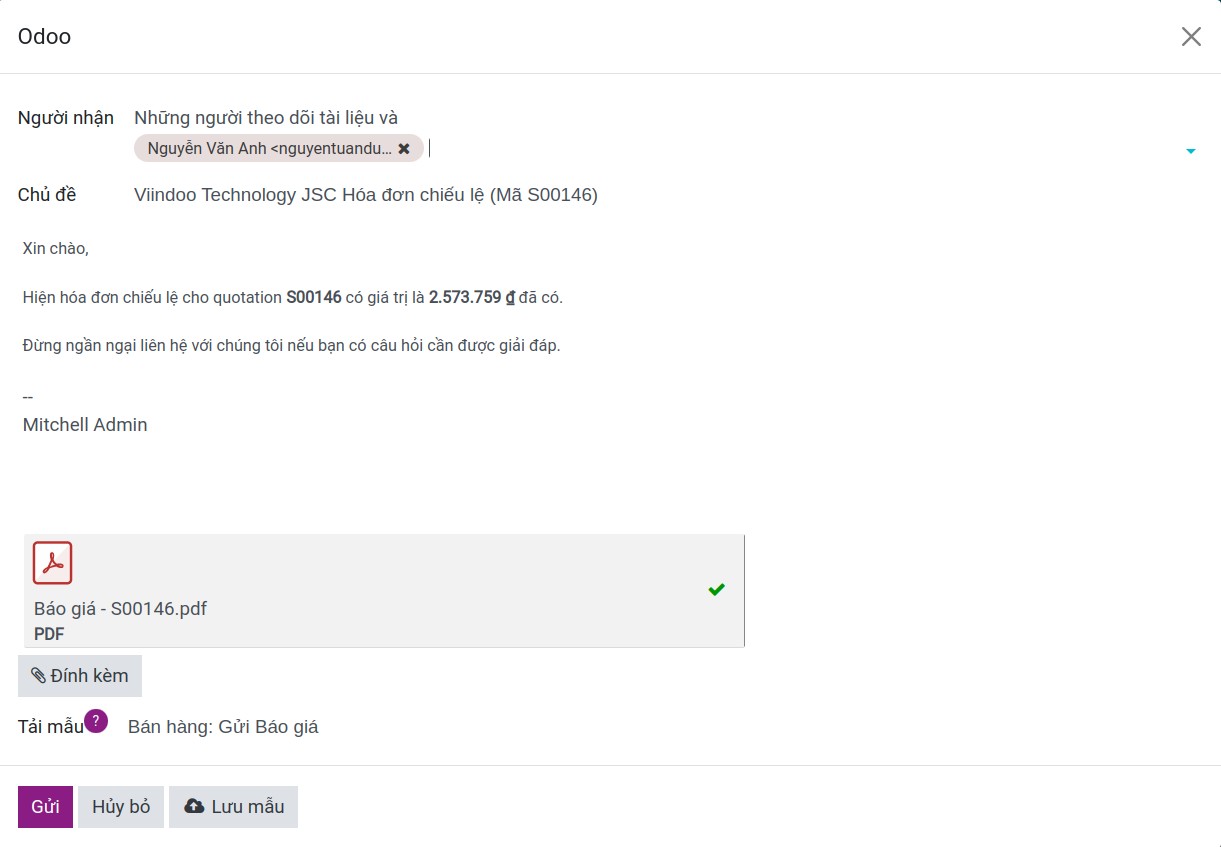 Hóa đơn chiếu lệ đính kèm trong email - Viindoo