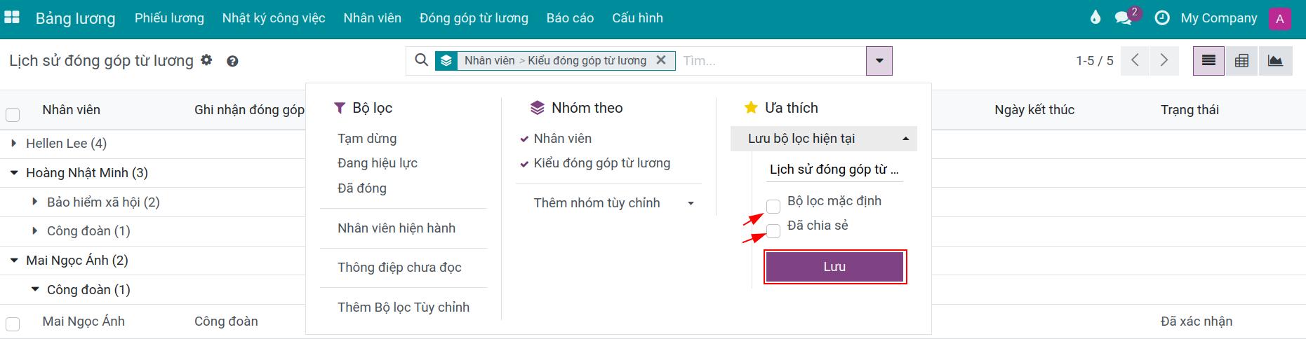 Lưu vào bộ lọc yêu thích - Kế toán lương Viindoo