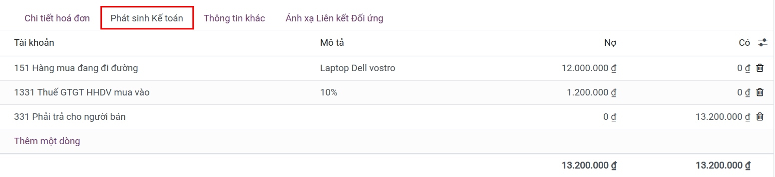 Tab phát sinh kế toán trên hóa đơn Nhà cung cấp
