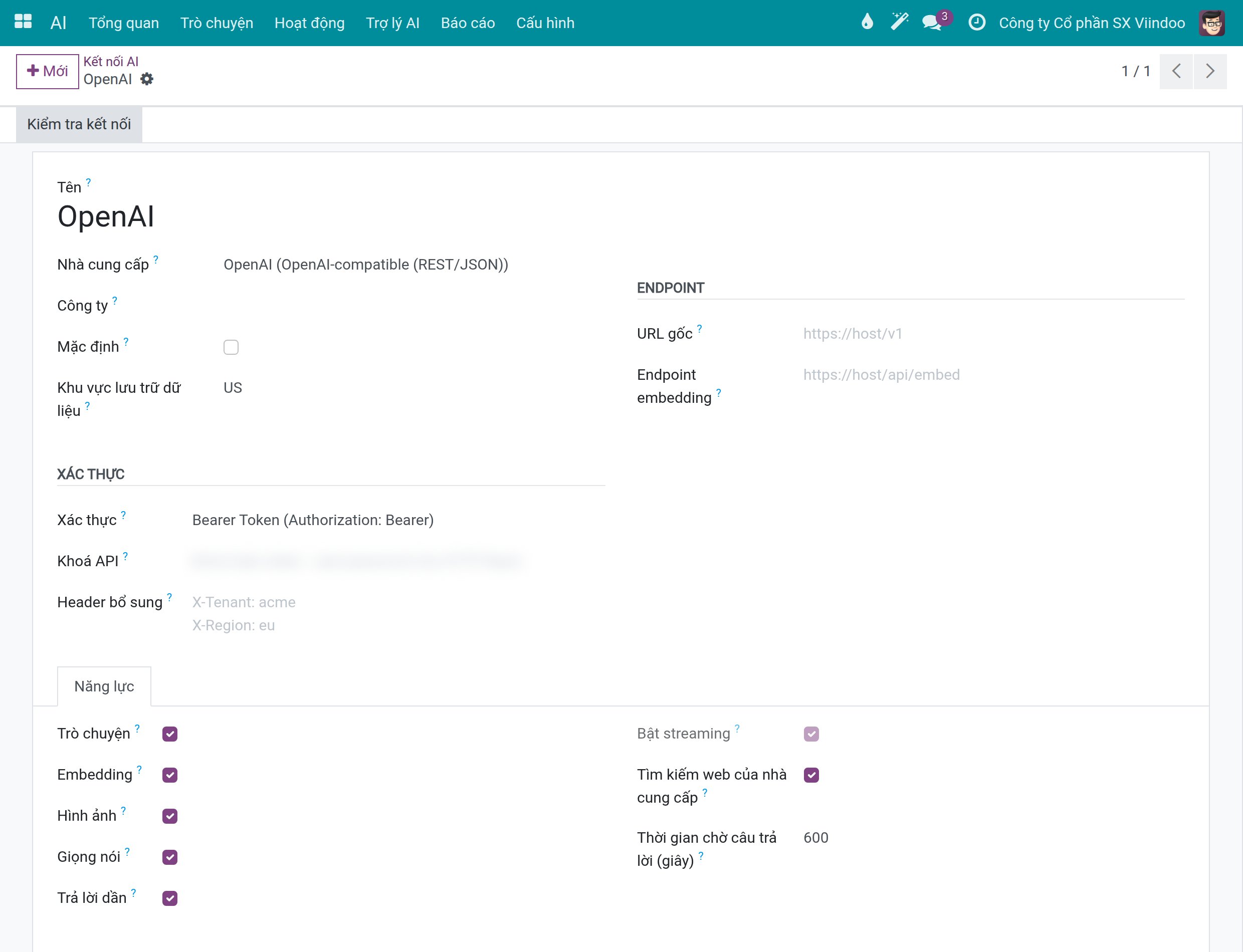 Biểu mẫu kết nối OpenAI với các trường Khu vực lưu trữ dữ liệu, Xác thực và Khoá API, khoá đã được làm mờ