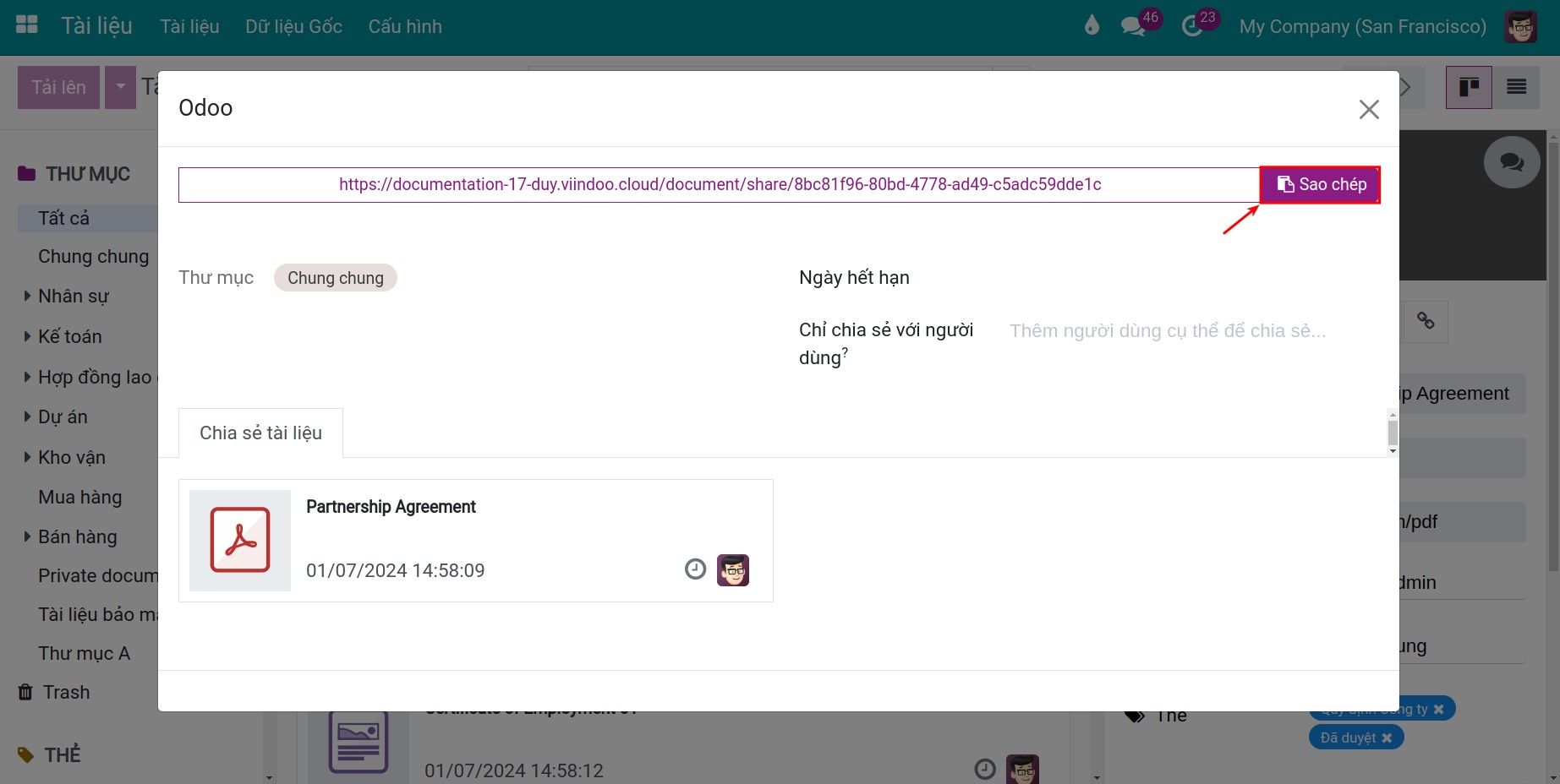 Sao chép URL chia sẻ tài liệu trong Viindoo