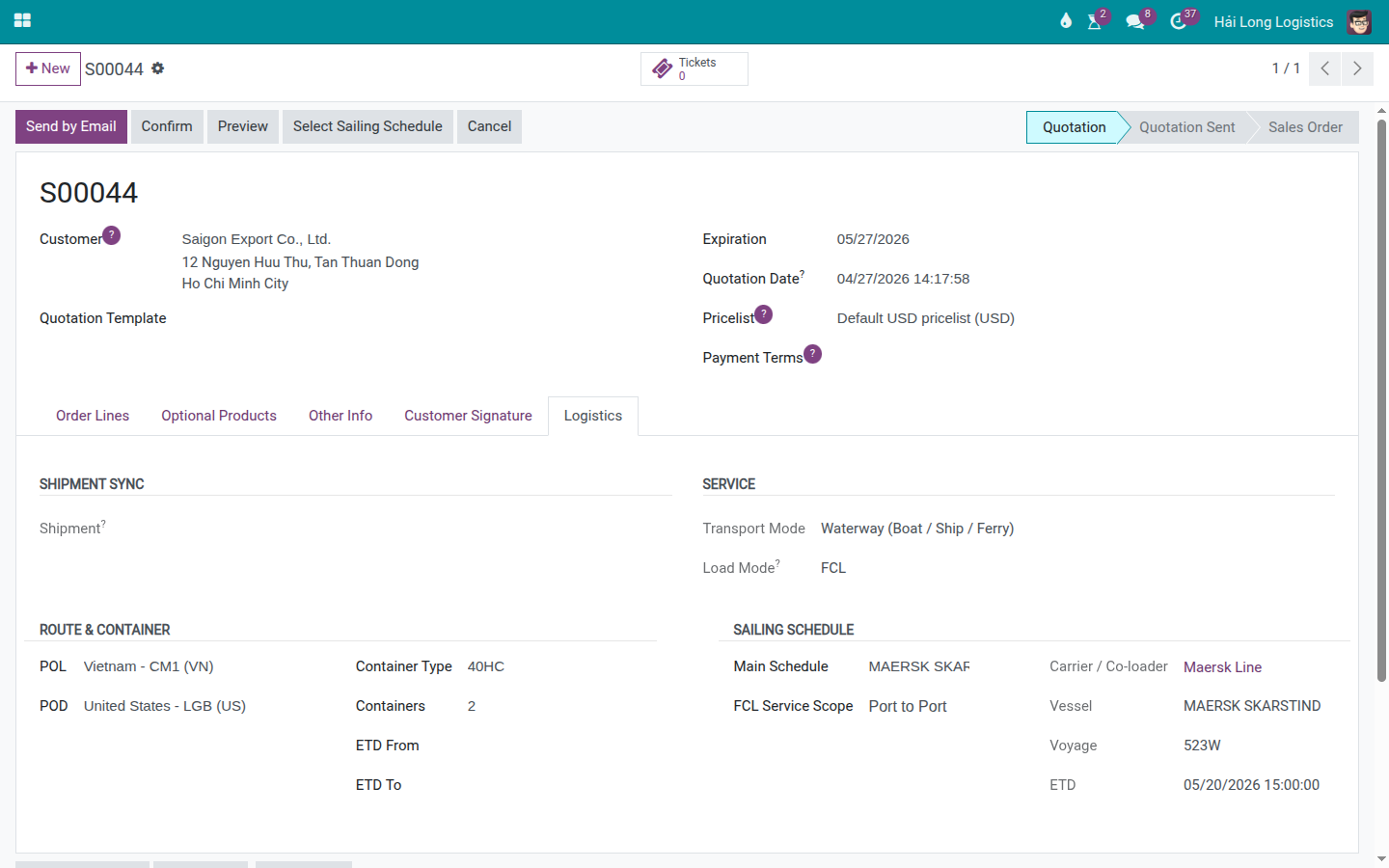 Quotation after Apply Quote — logistics information and price lines have been updated with the selected carrier and sailing schedule.