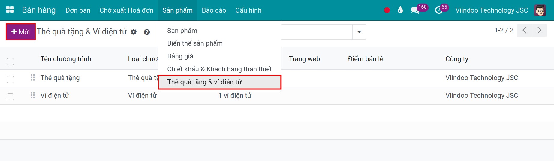 Tạo chương trình thẻ quà tặng trong Viindoo