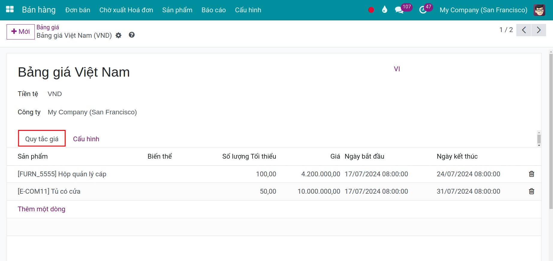 Thiết lập quy tắc bảng giá