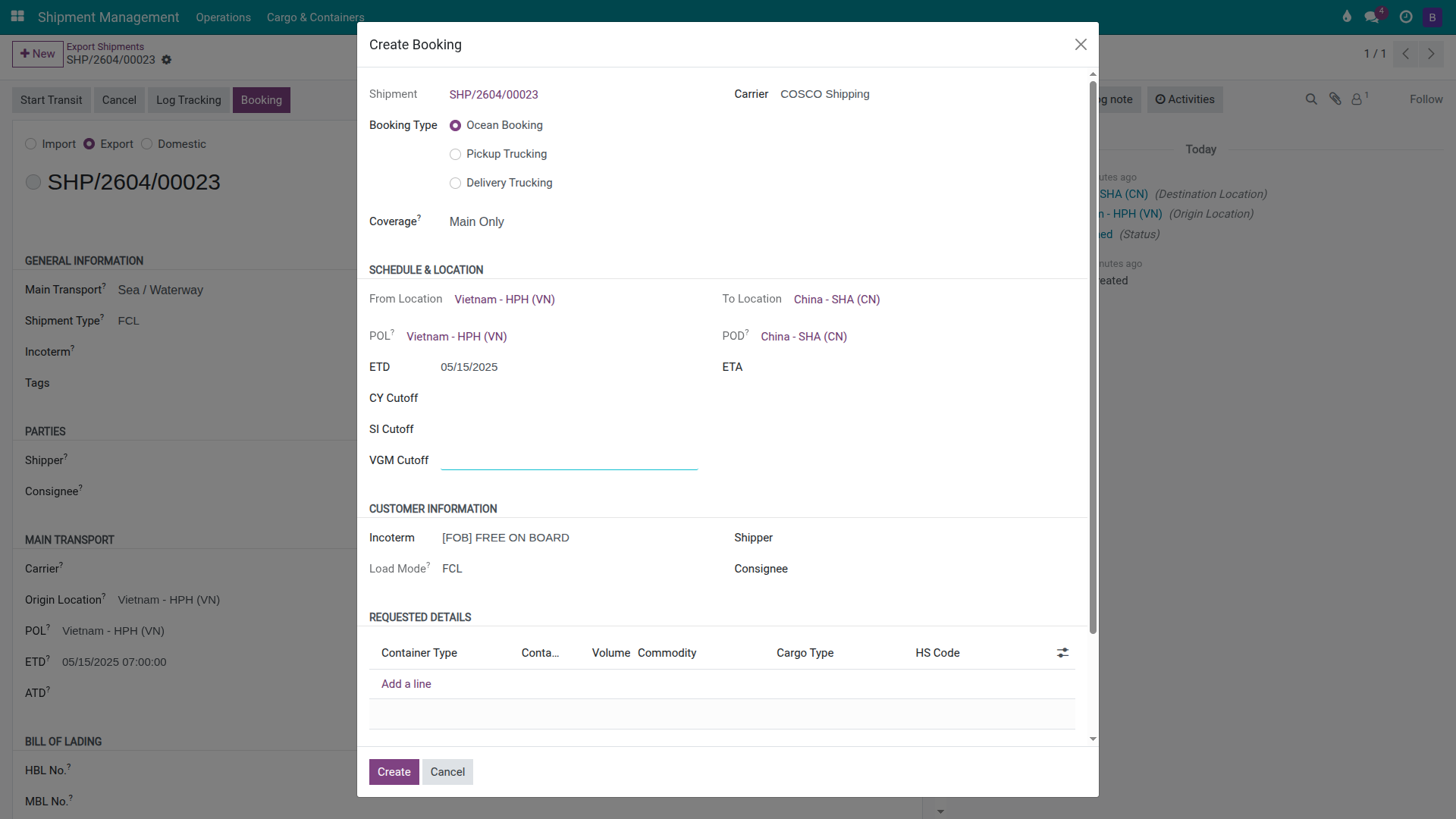 Create Booking wizard with Coverage Main Only, carrier COSCO Shipping, Incoterm FOB, cutoff dates, and a 40HC container request for Nhat Long.