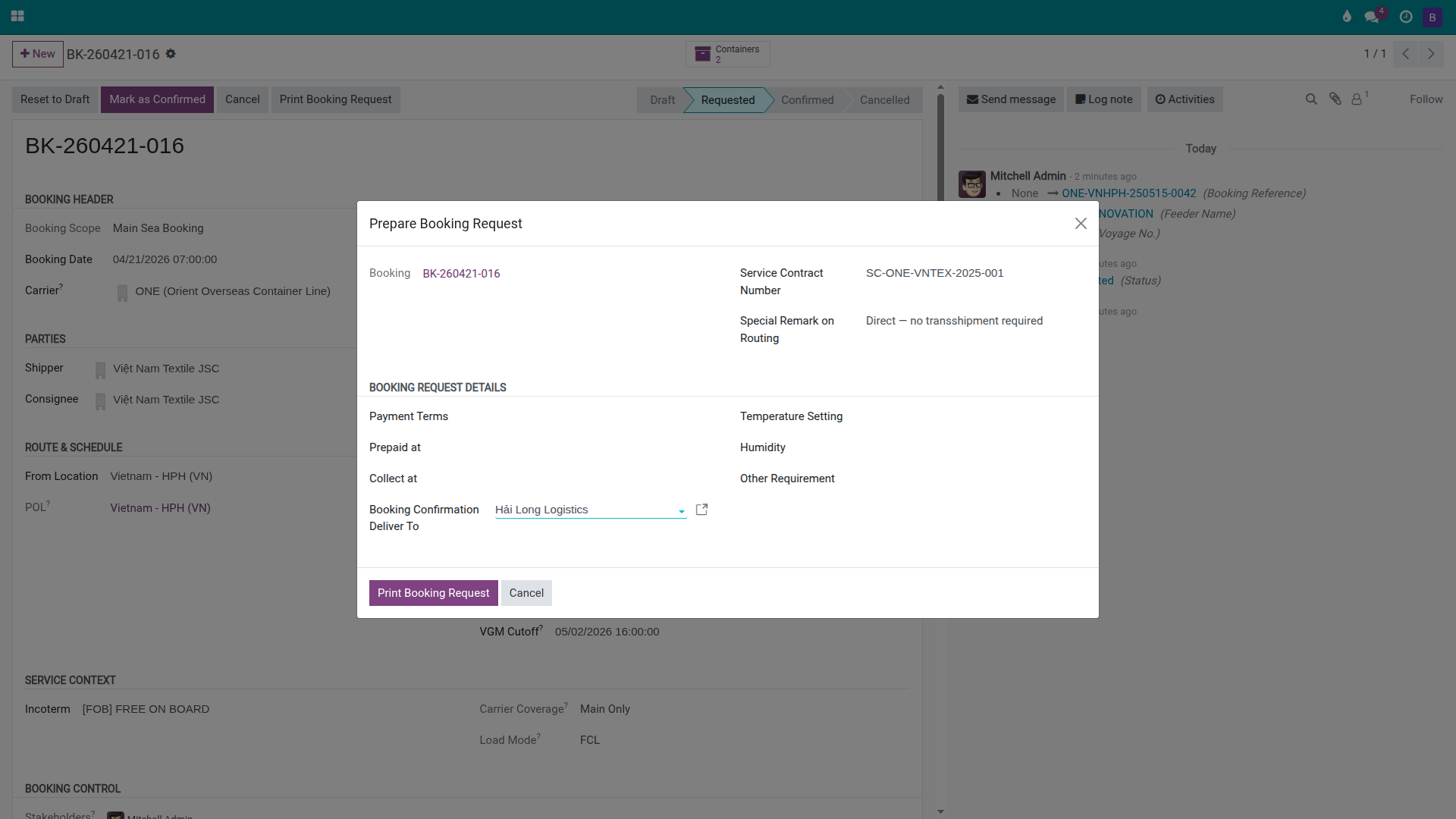 Print Booking Request dialog showing service contract, routing notes, and booking confirmation recipient.